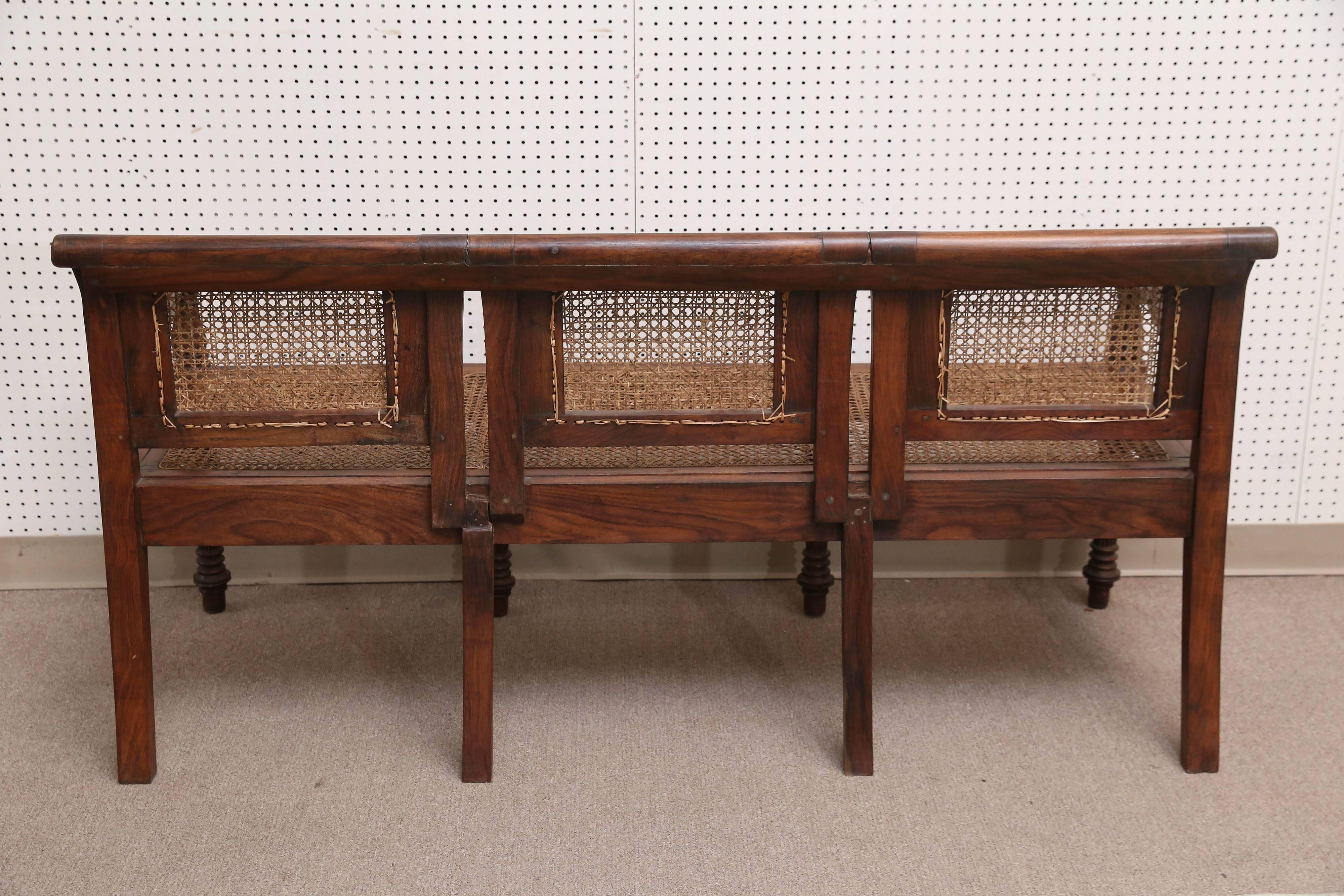 1920s Solid Teakwood and Cane British Colonial Bench from a Tea Plantation In Good Condition In Houston, TX