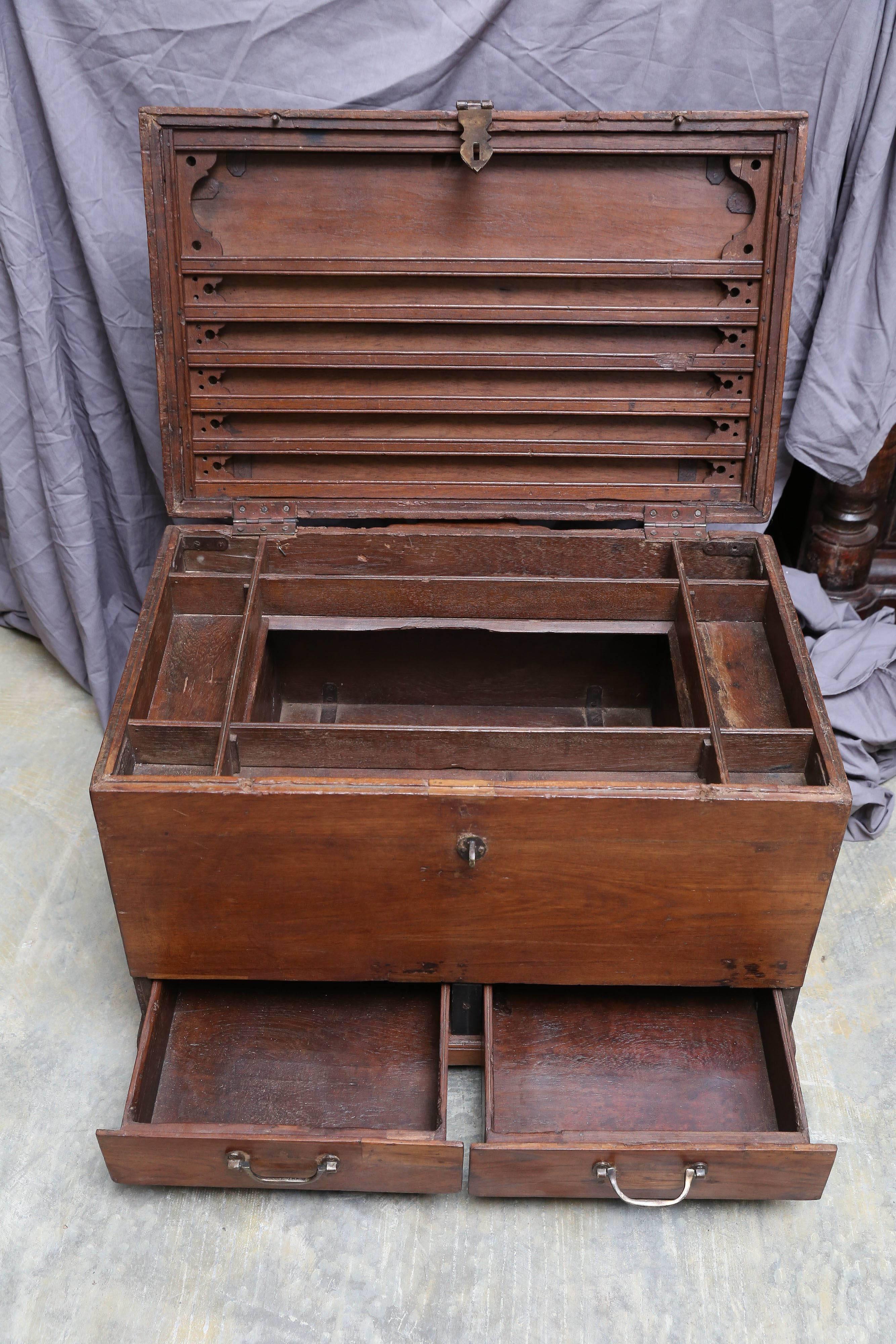 Indian Late 19th Century Solid Teakwood Box with Inside Trays For Sale