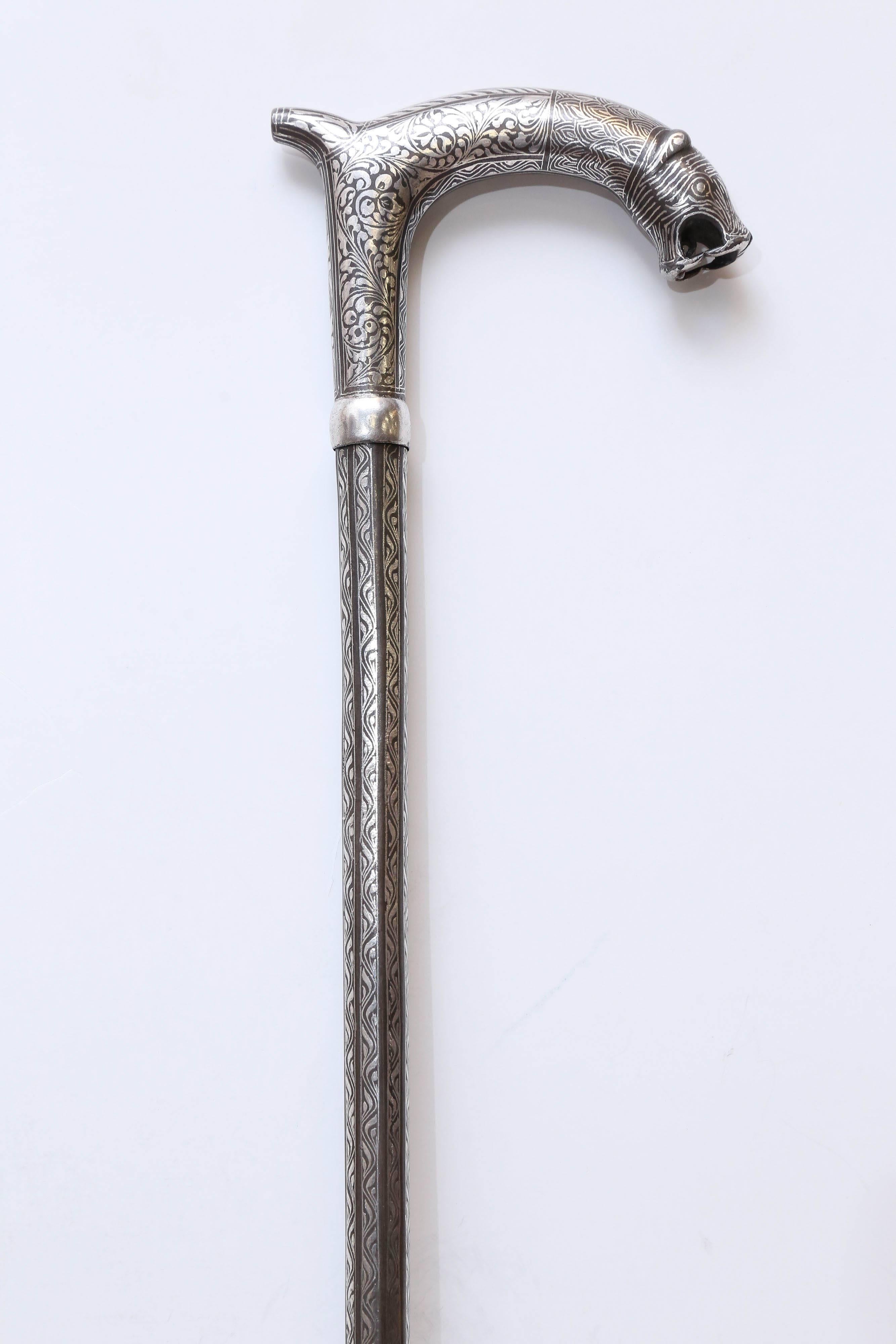 Islamic Early 20th Century Iron Walking Stick with Museum Quality Silver Filigree Work