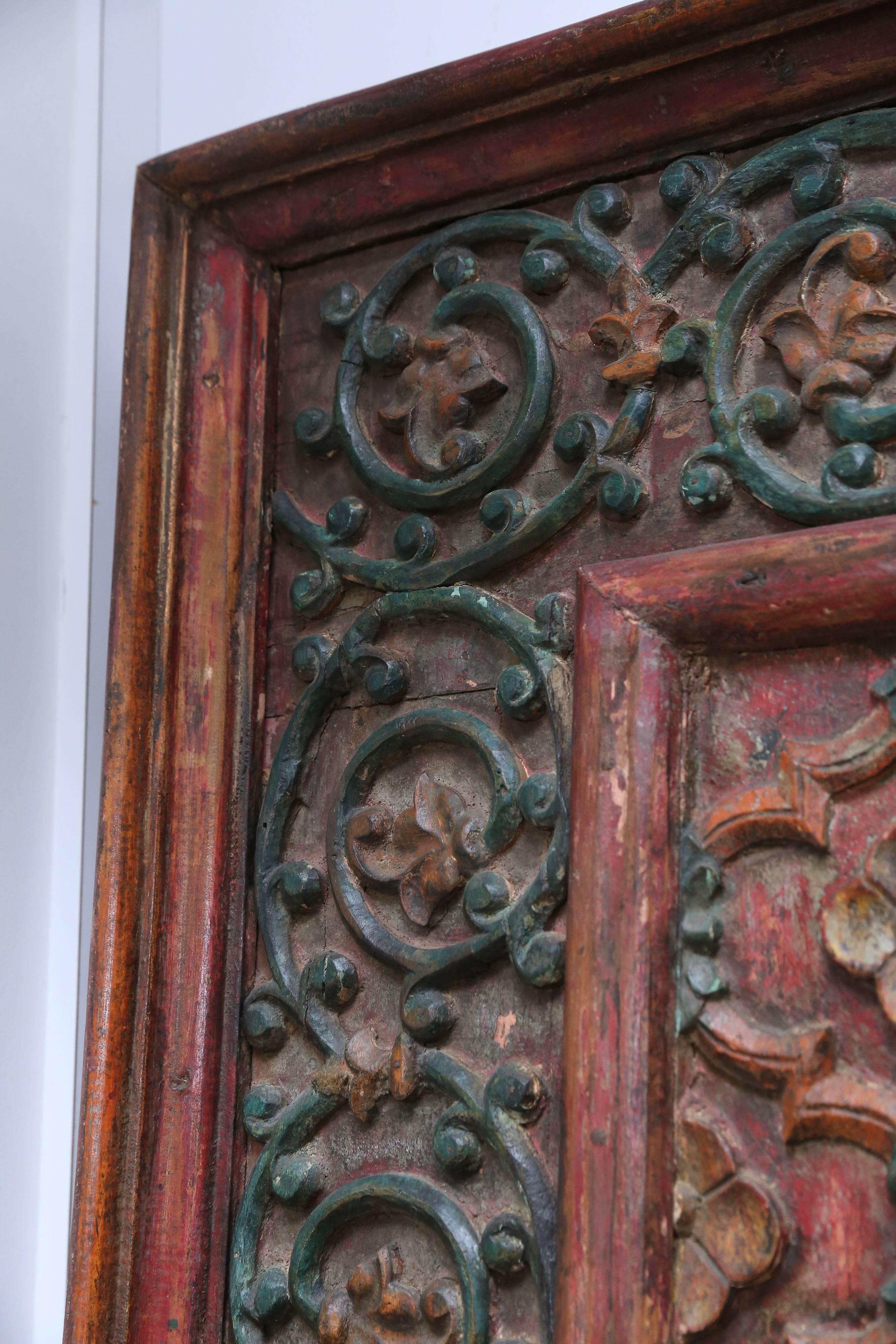 Indian Early 19th Century Highly Carved and Painted Solid Teak Wood Ceiling from a Home