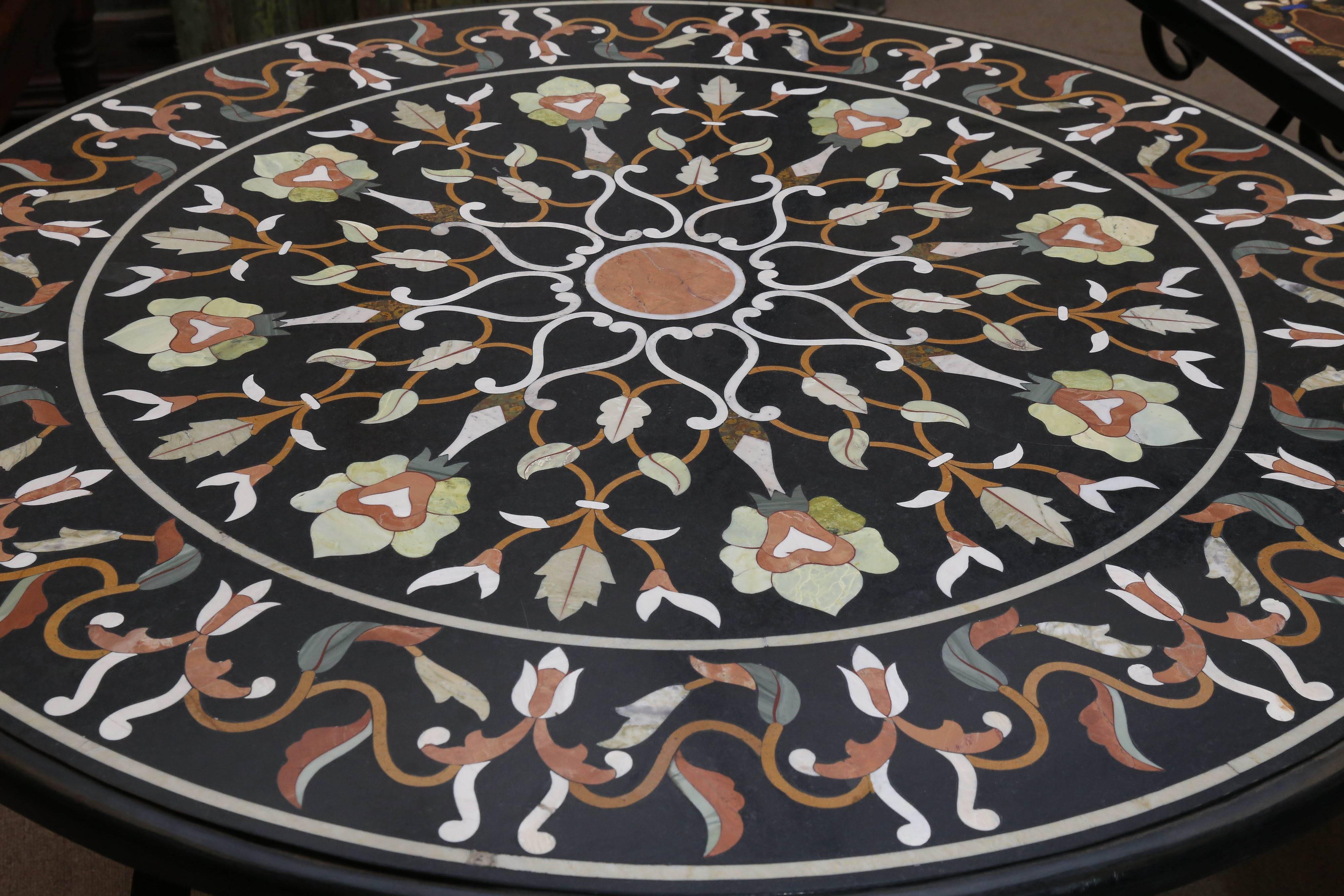 Anglo Raj Midcentury Pietra-Dura Round Center Table with Solid Wrought Iron Support