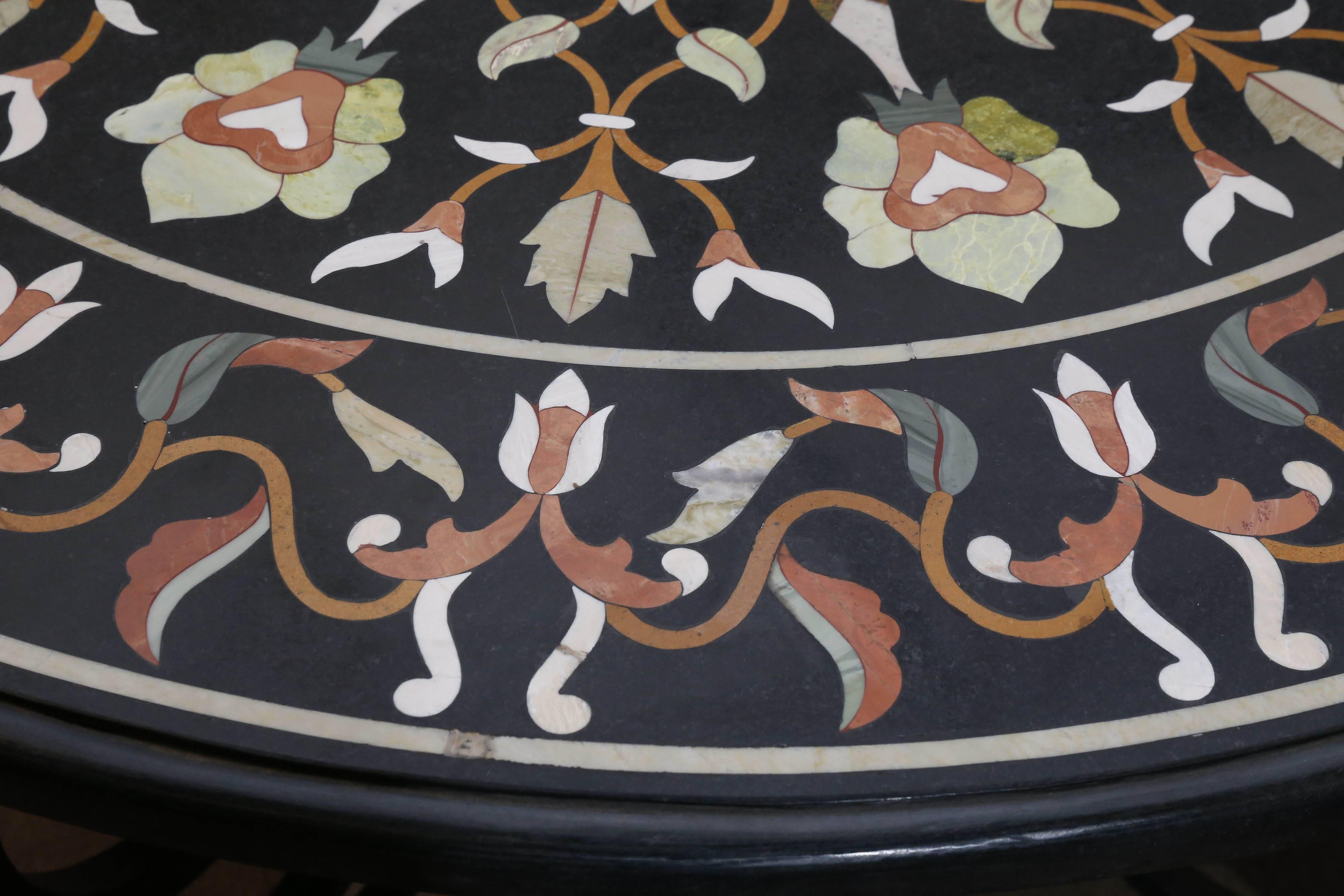 Indian Midcentury Pietra-Dura Round Center Table with Solid Wrought Iron Support