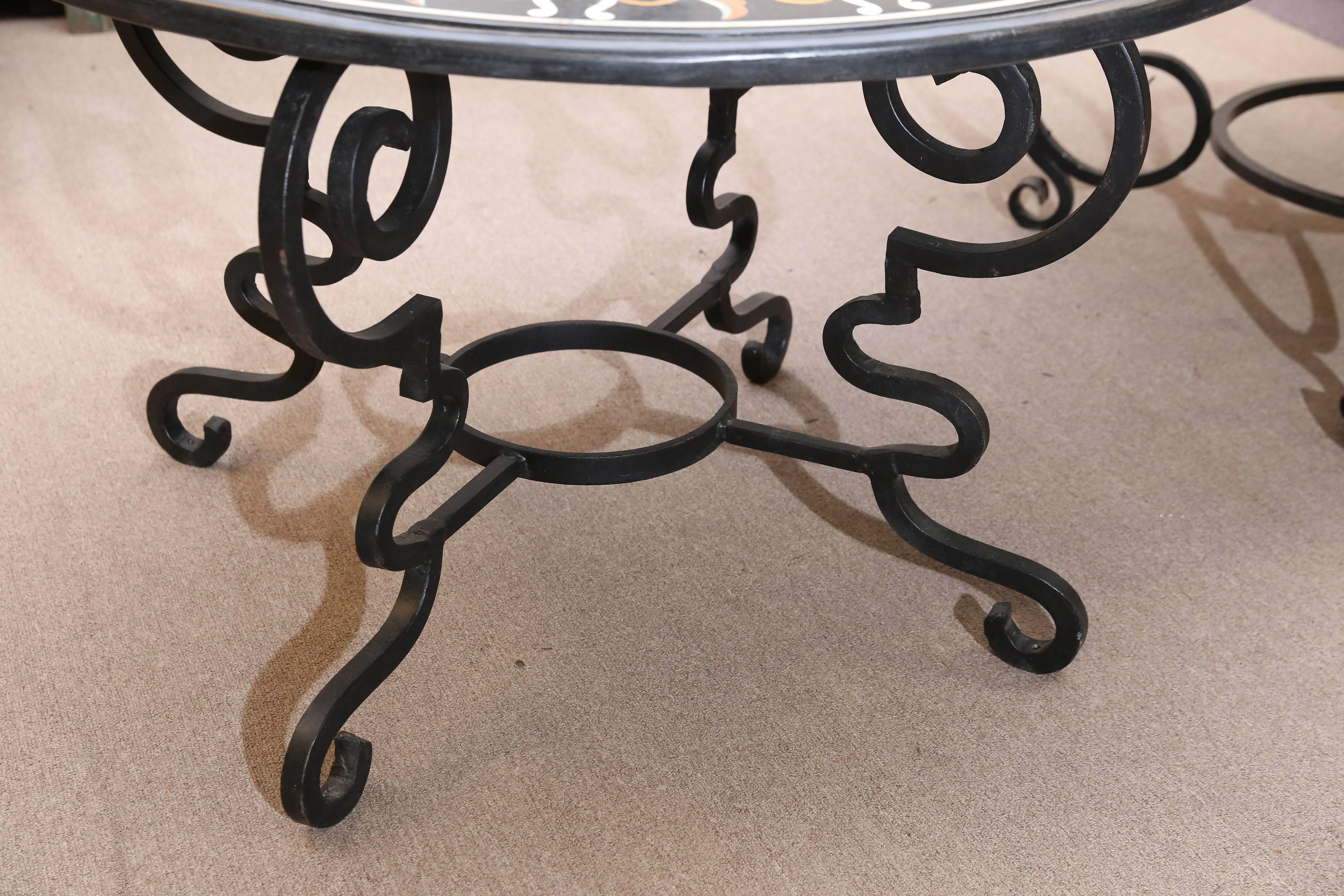 Hand-Crafted Midcentury Pietra-Dura Round Center Table with Solid Wrought Iron Support