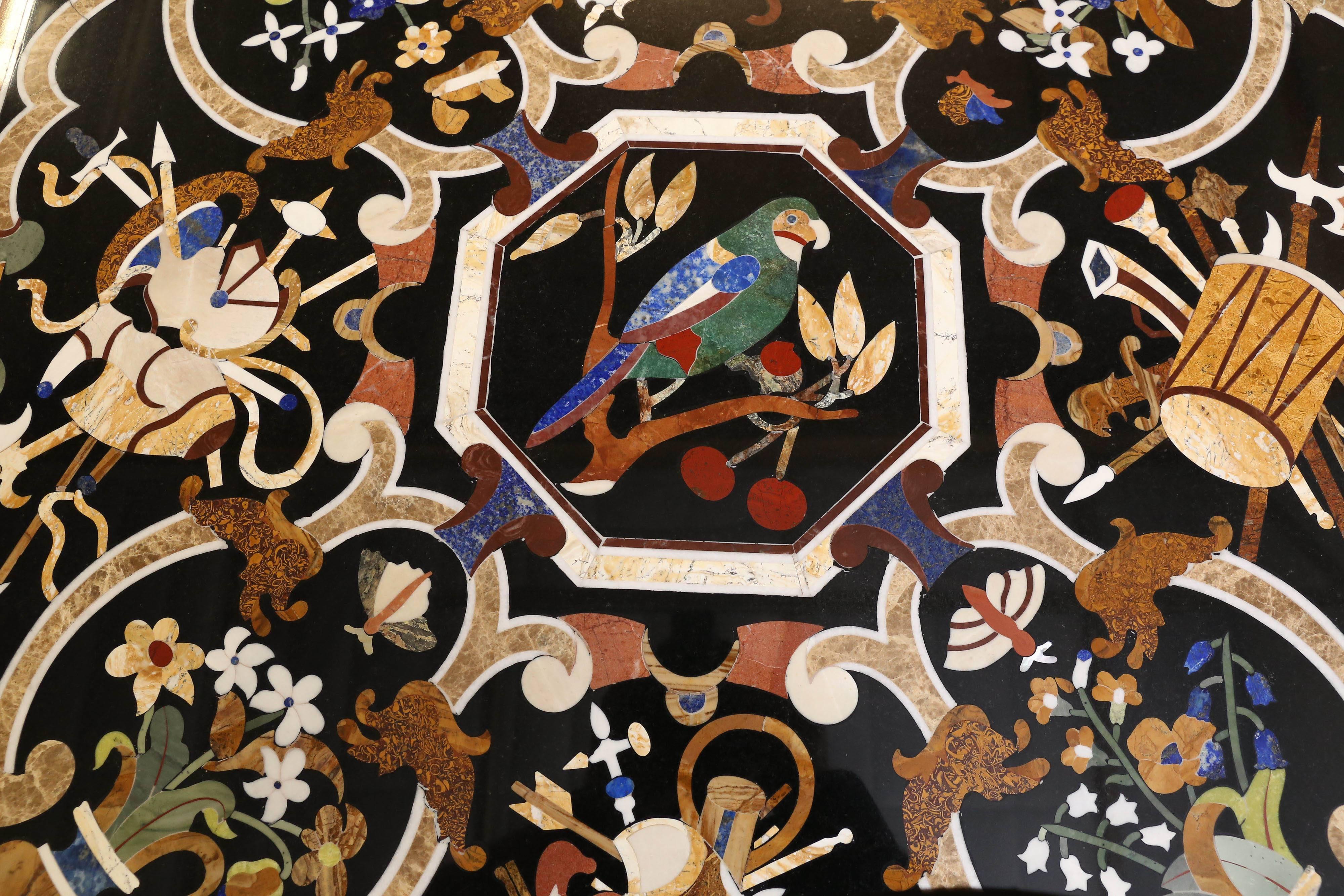 International Style Fine Pietra-Dura Square Black Marble Table with Intricate Inlay Work