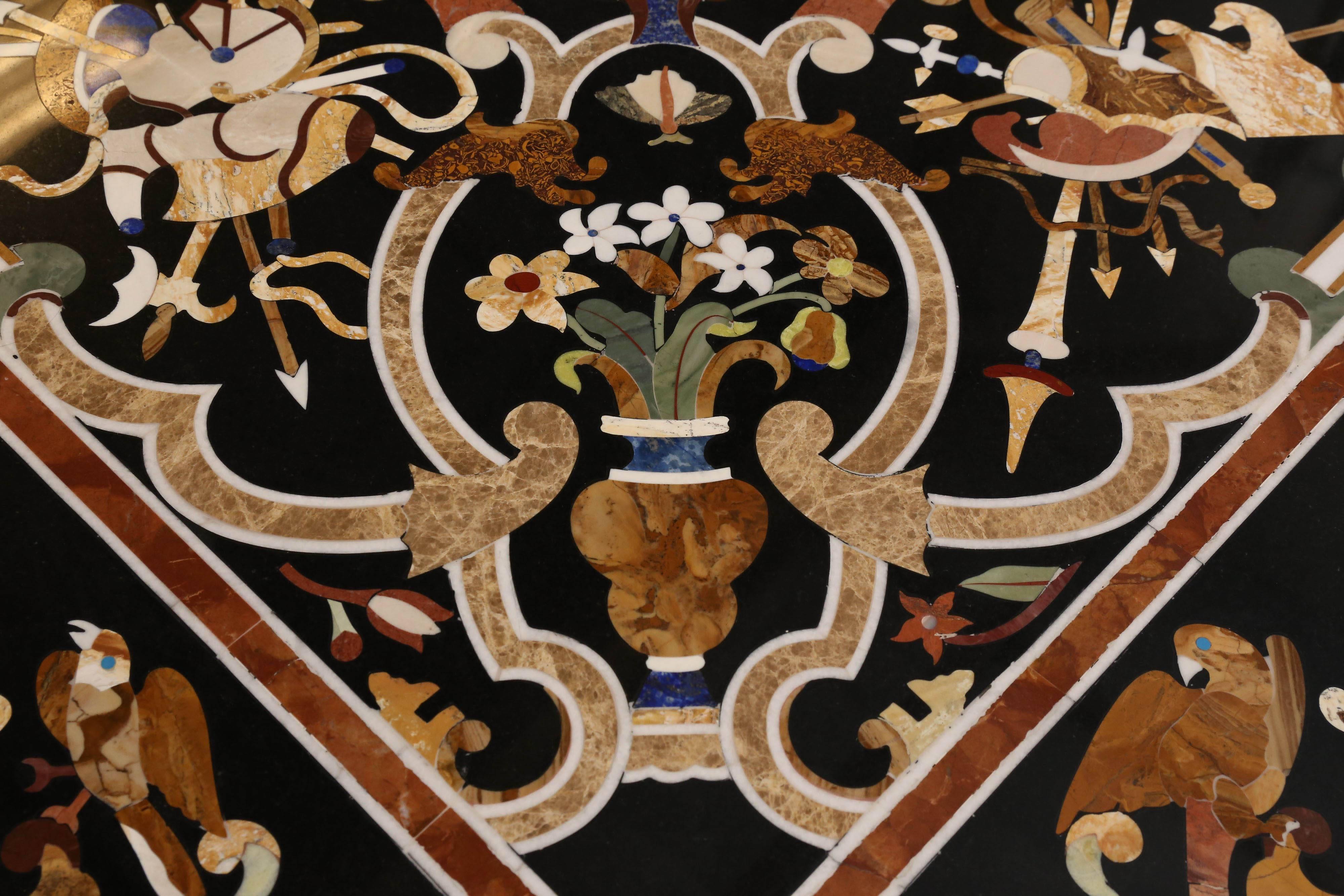 Fine Pietra-Dura Square Black Marble Table with Intricate Inlay Work In Excellent Condition In Houston, TX