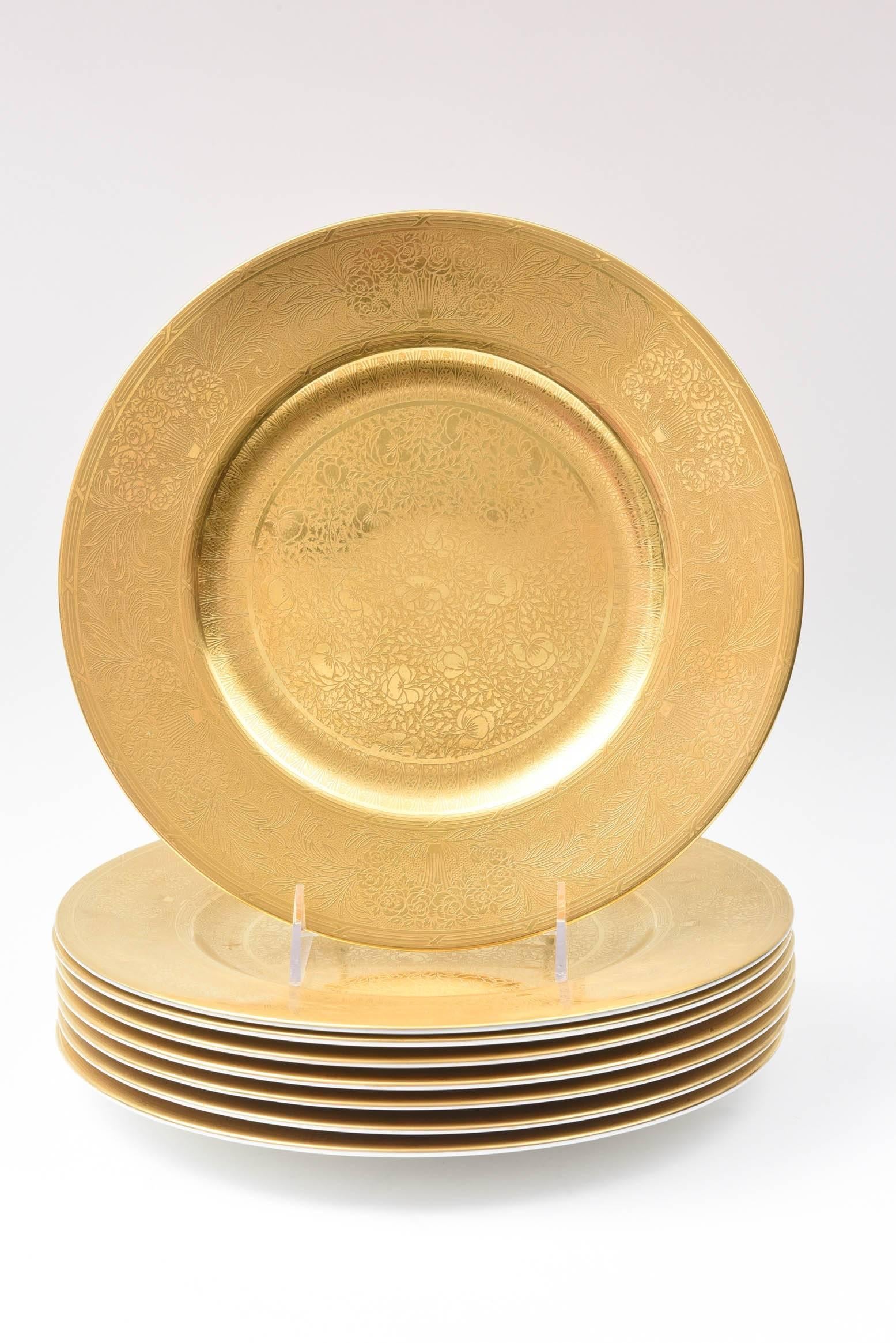 A Classic and elegant set of eight presentation/charger plates feature Minton's high quality of gold acid etching. In fabulous vintage condition and custom ordered through the fine retailer of T. Goode, London.