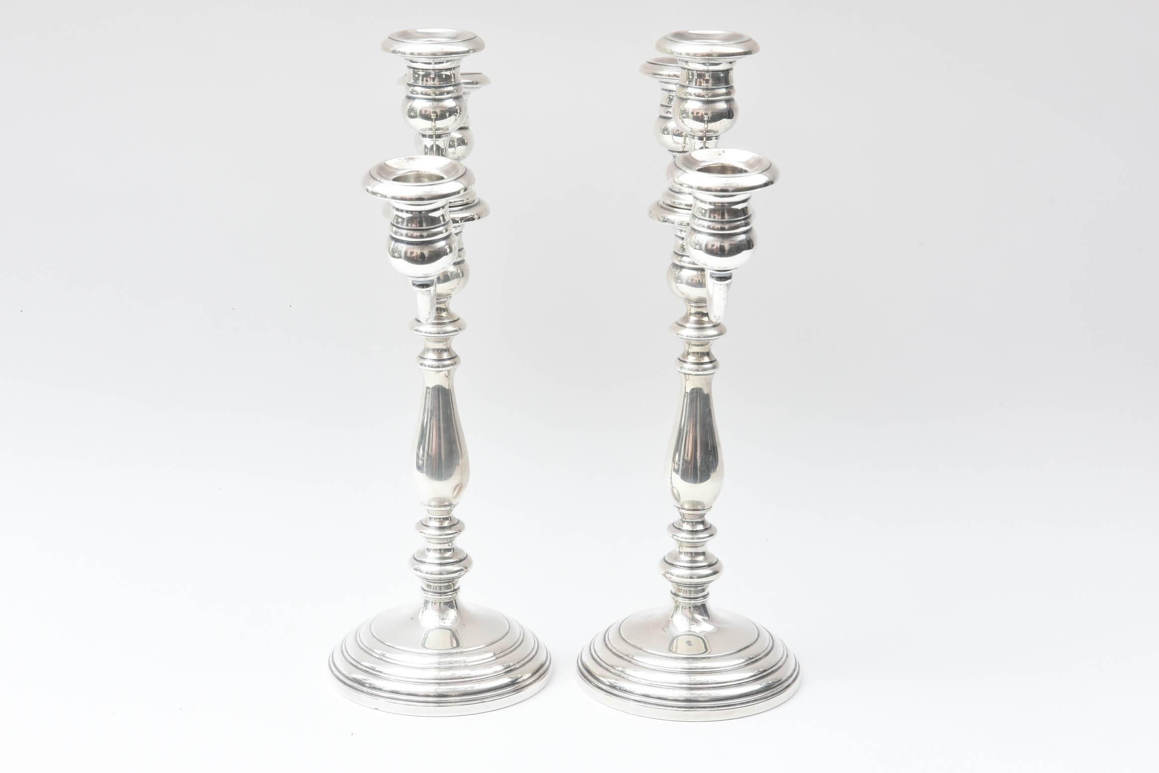 American Pair of Sterling Candelabra, Nice and Tall, Scroll Arm and Stepped Base