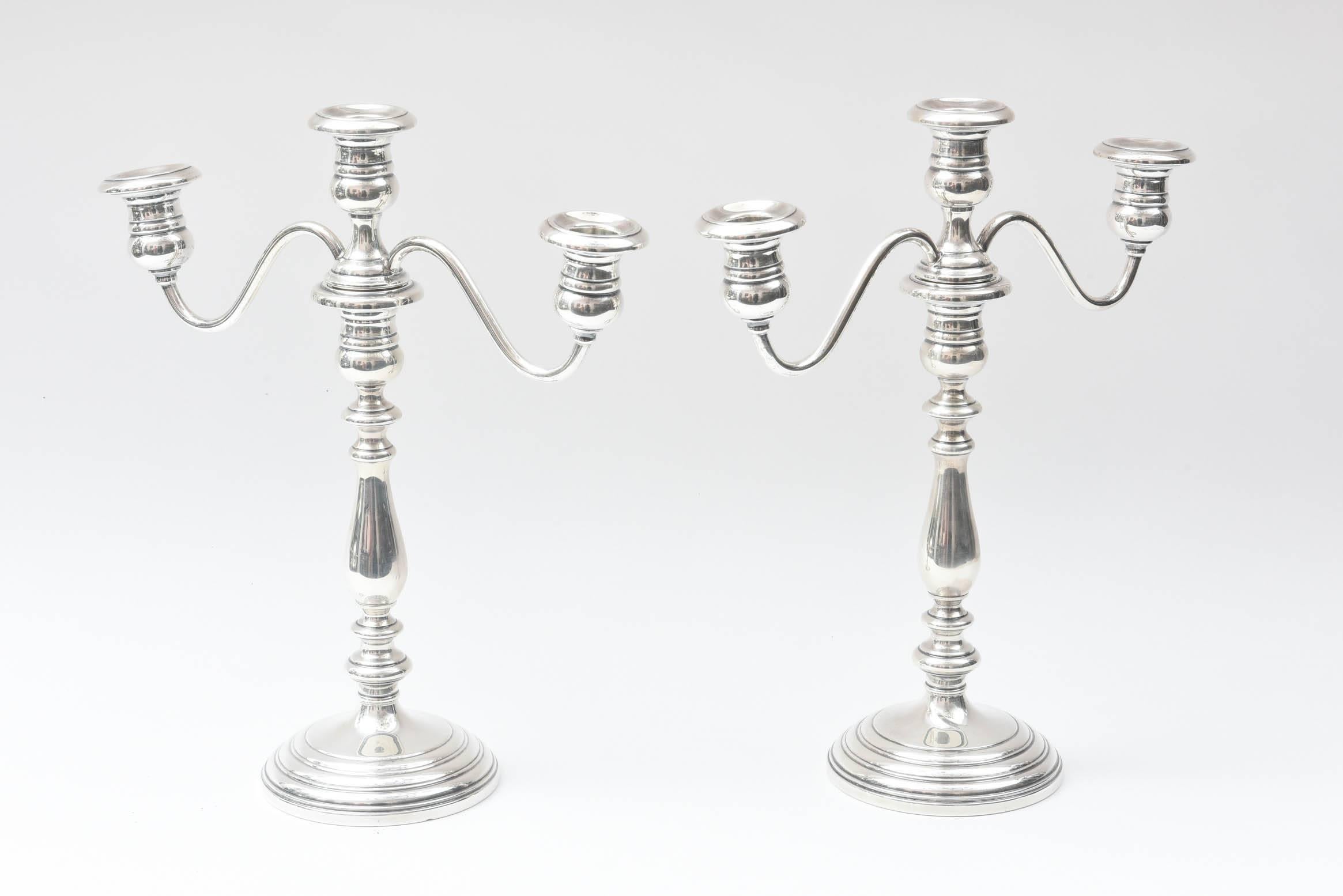 Hand-Crafted Pair of Sterling Candelabra, Nice and Tall, Scroll Arm and Stepped Base