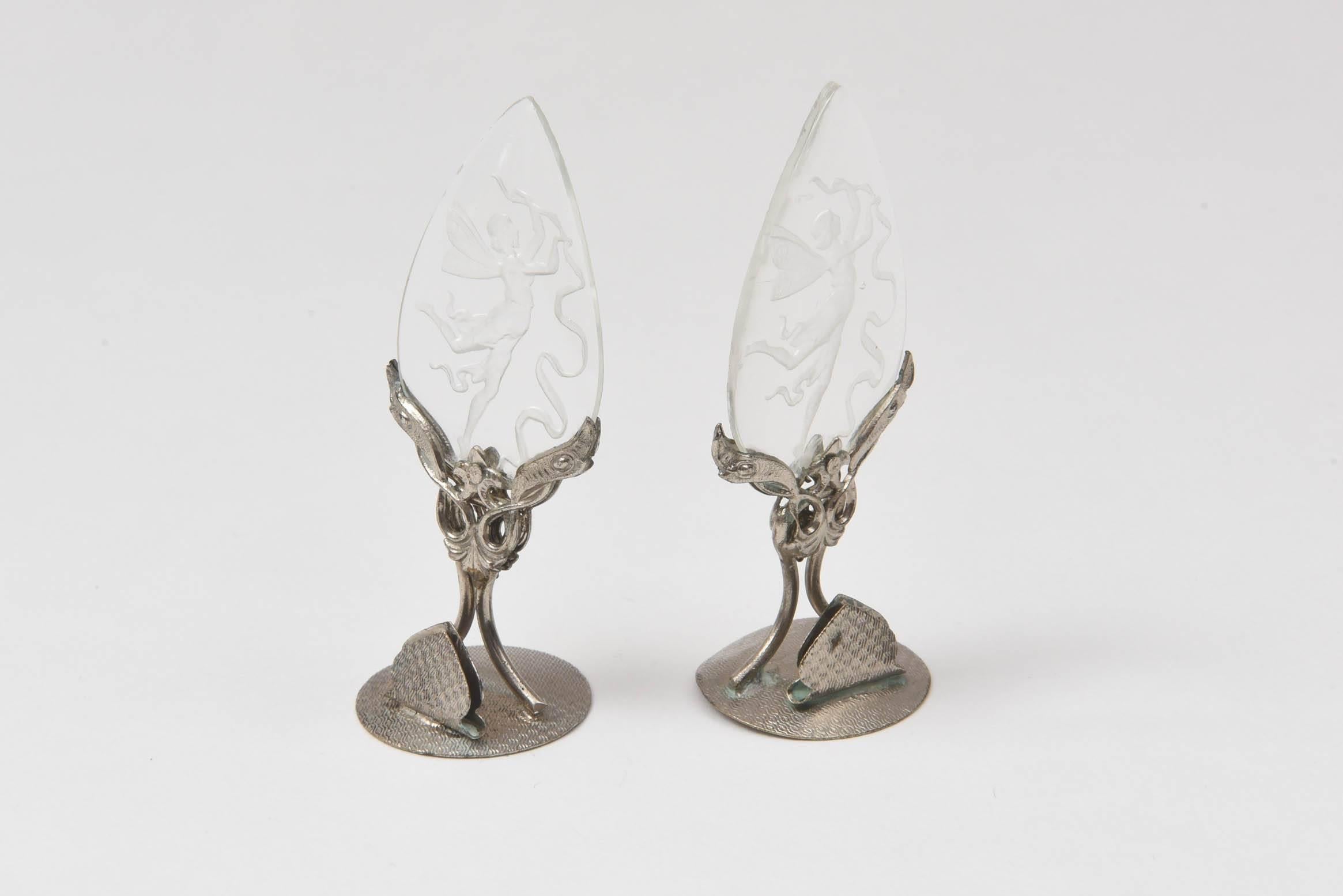 Czech 12 Exquisite Glass and Silver Plate Place Card Holders, Antique Nymph