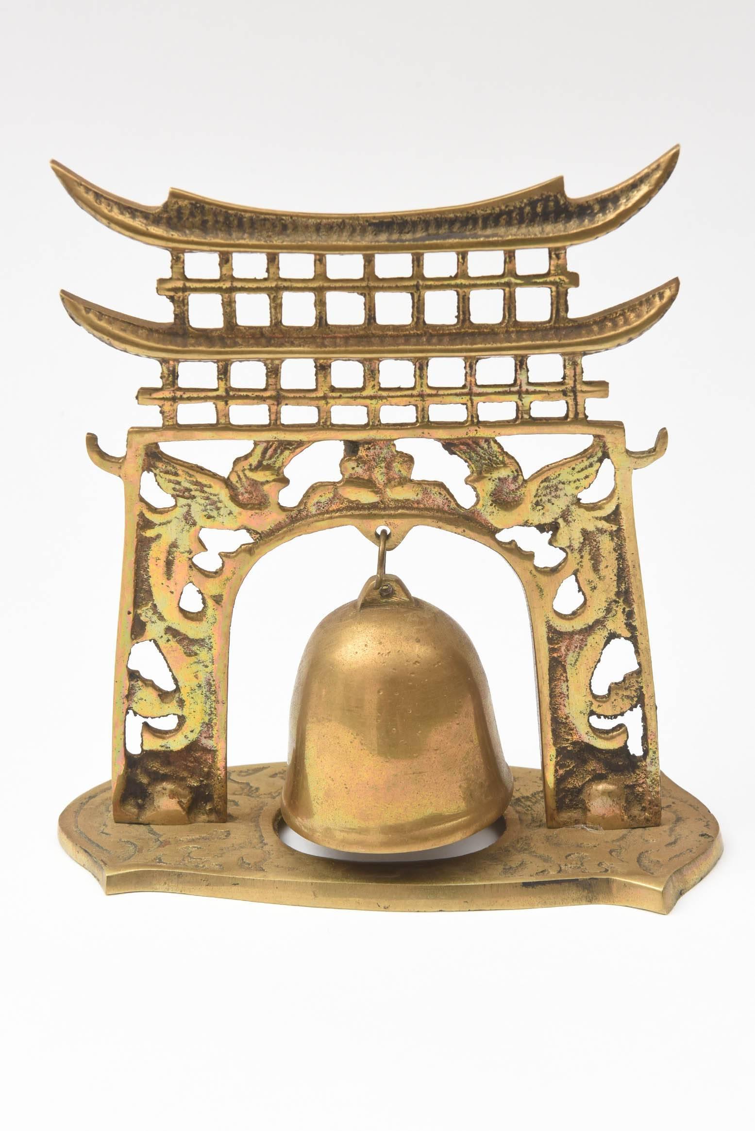American Chinoiserie Dinner Bell, Vintage Brass With Nice Patina and Sweet Ring