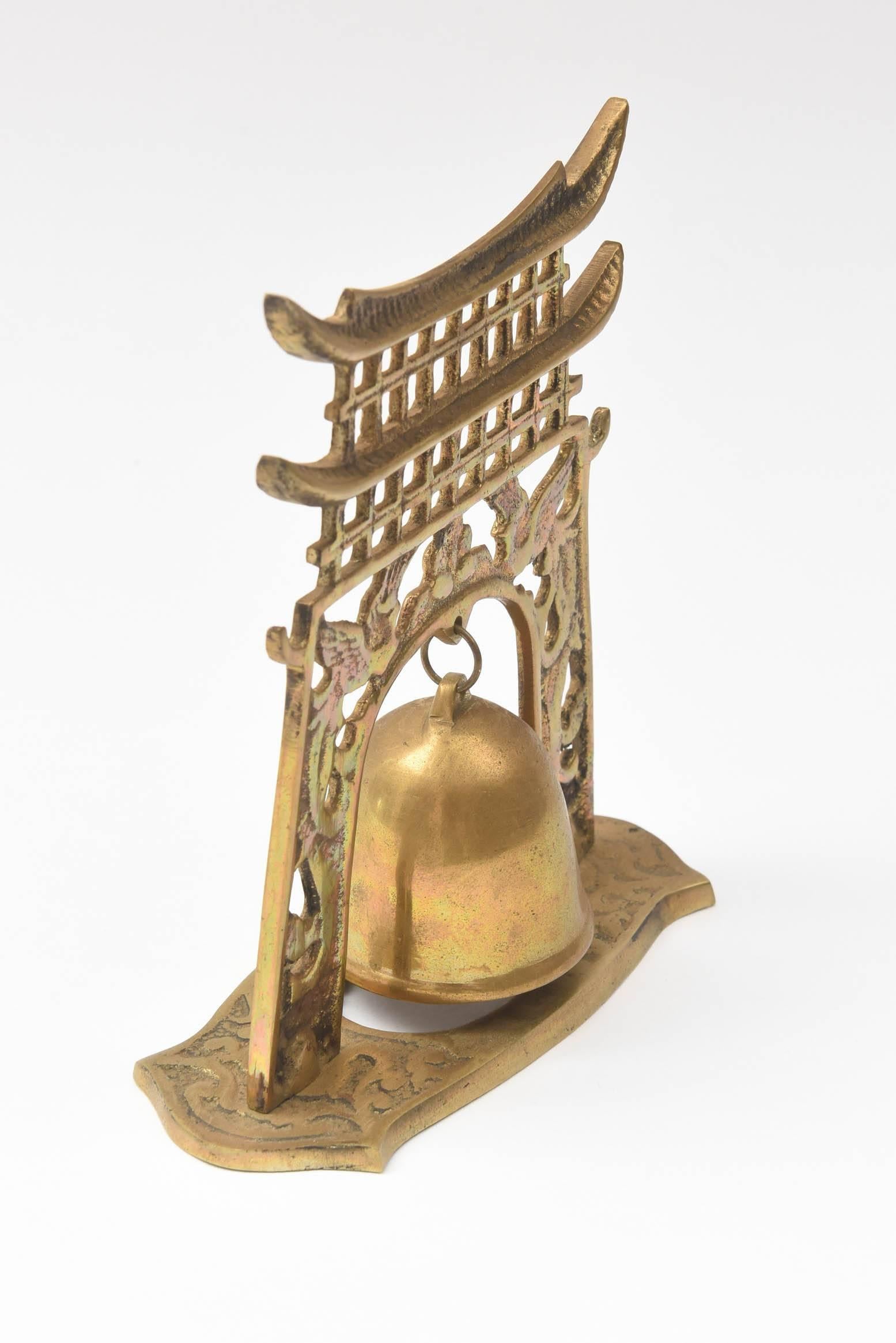 Chinoiserie Dinner Bell, Vintage Brass With Nice Patina and Sweet Ring In Good Condition In West Palm Beach, FL