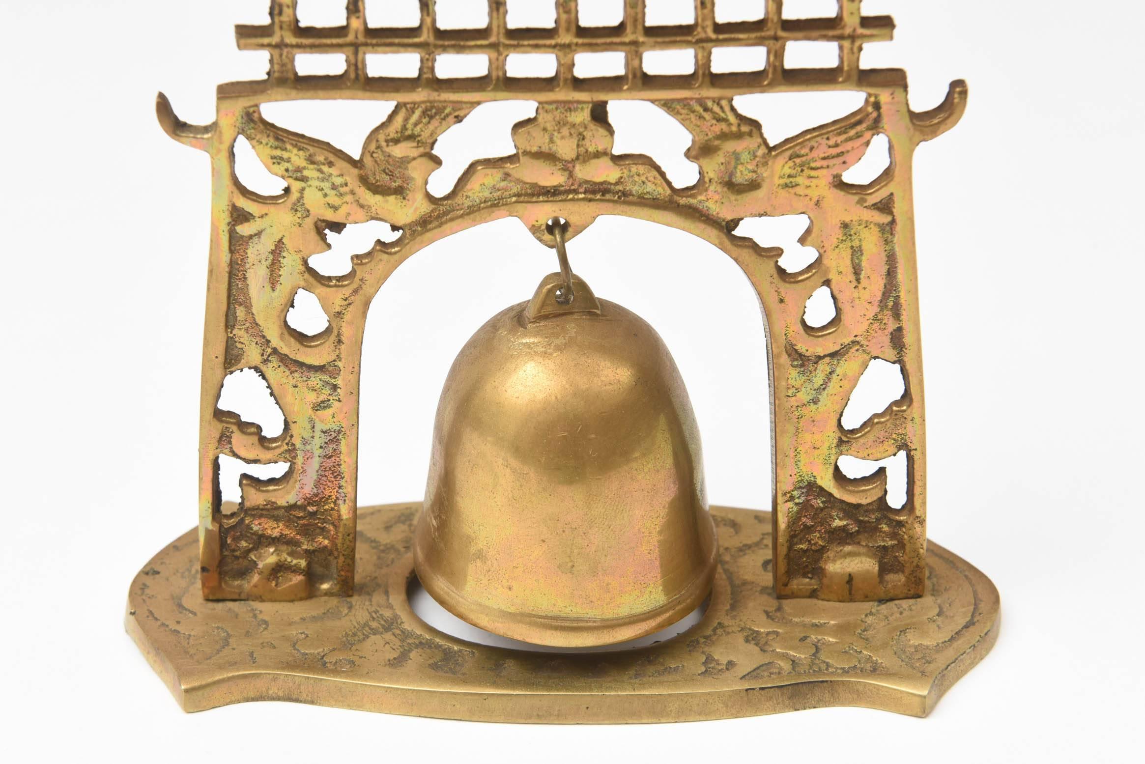 Early 20th Century Chinoiserie Dinner Bell, Vintage Brass With Nice Patina and Sweet Ring