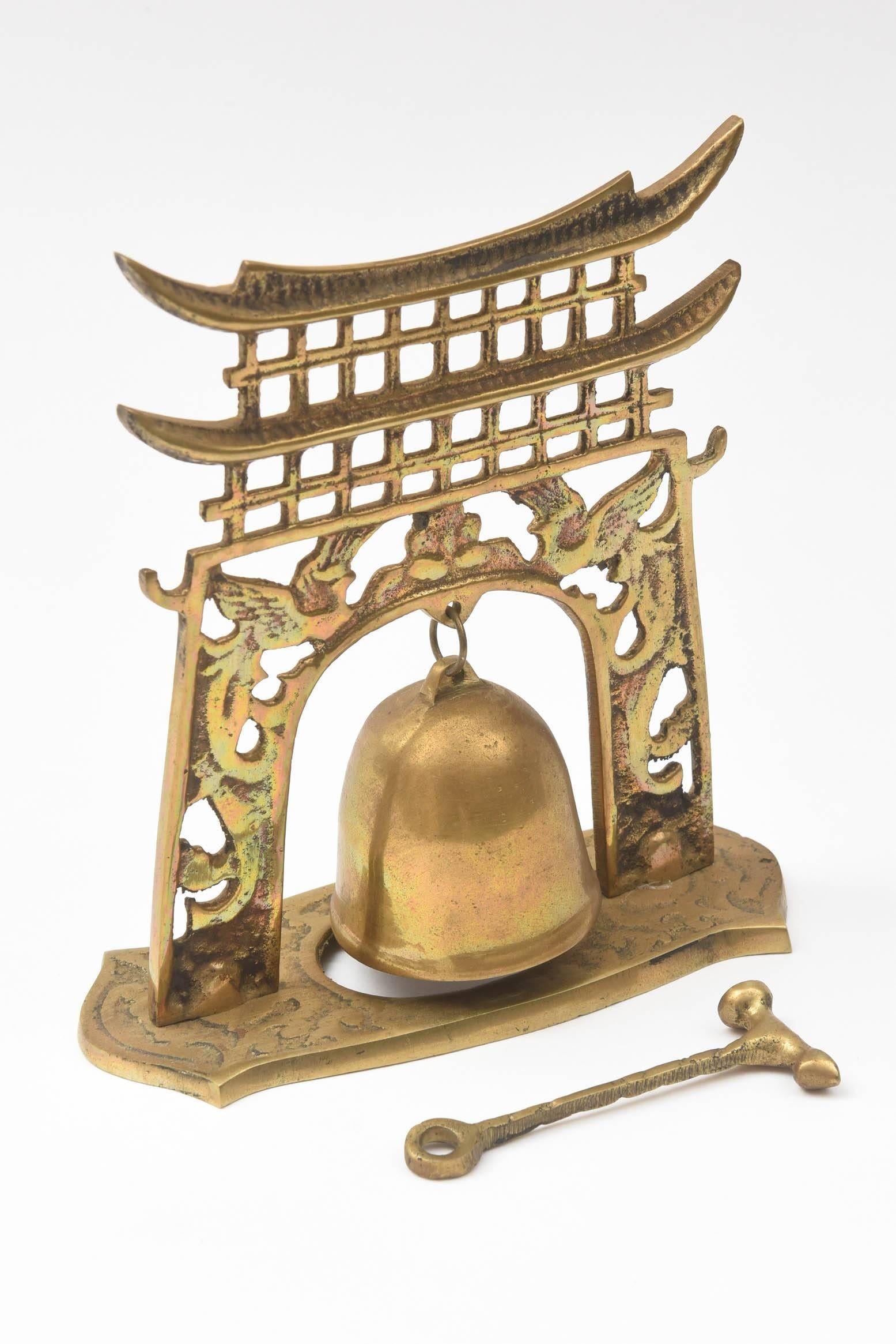 Chinoiserie Dinner Bell, Vintage Brass With Nice Patina and Sweet Ring 2