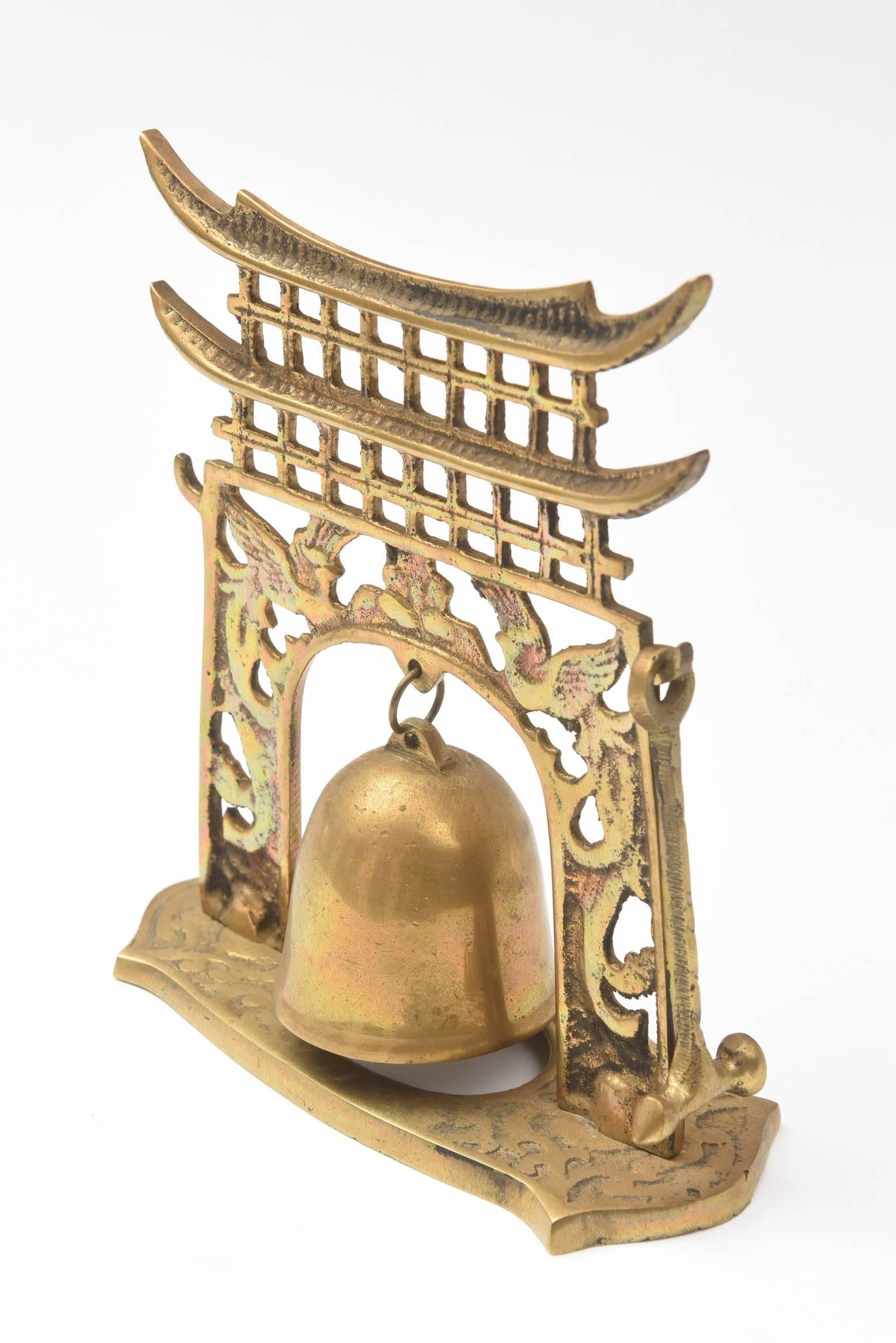 Chinoiserie Dinner Bell, Vintage Brass With Nice Patina and Sweet Ring 3