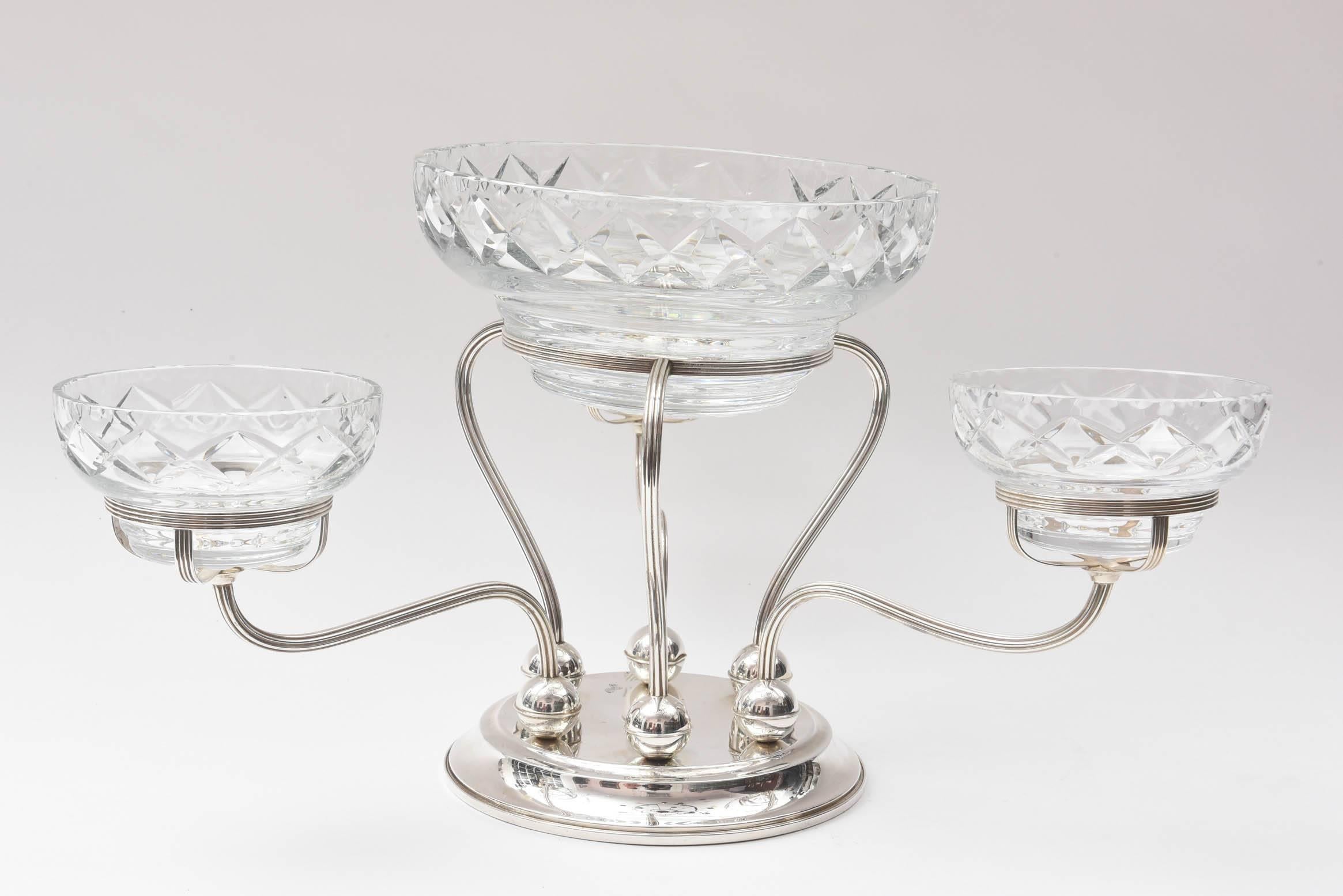 American Sterling and Cut Crystal Centrepiece or Epergne, Three-Arm with Centre Bowl