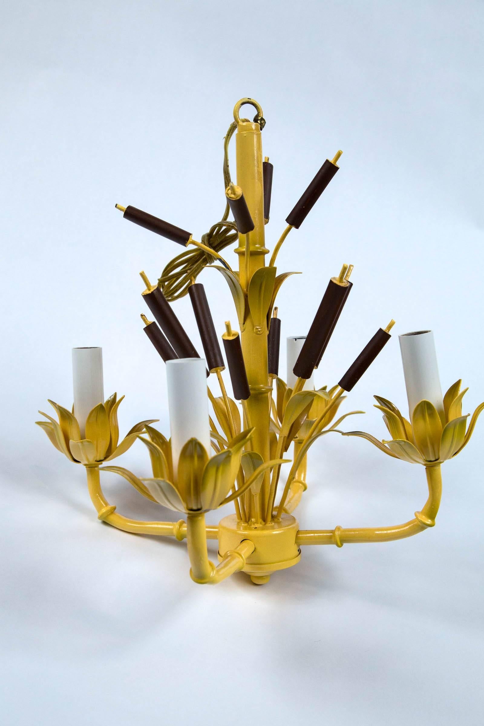 Small Italian painted metal Cattail chandelier. Four chandelier bulbs, yellow and brown paint. New old stock with chain and canopy. Wired. Four chandeliers are available. Priced individually.