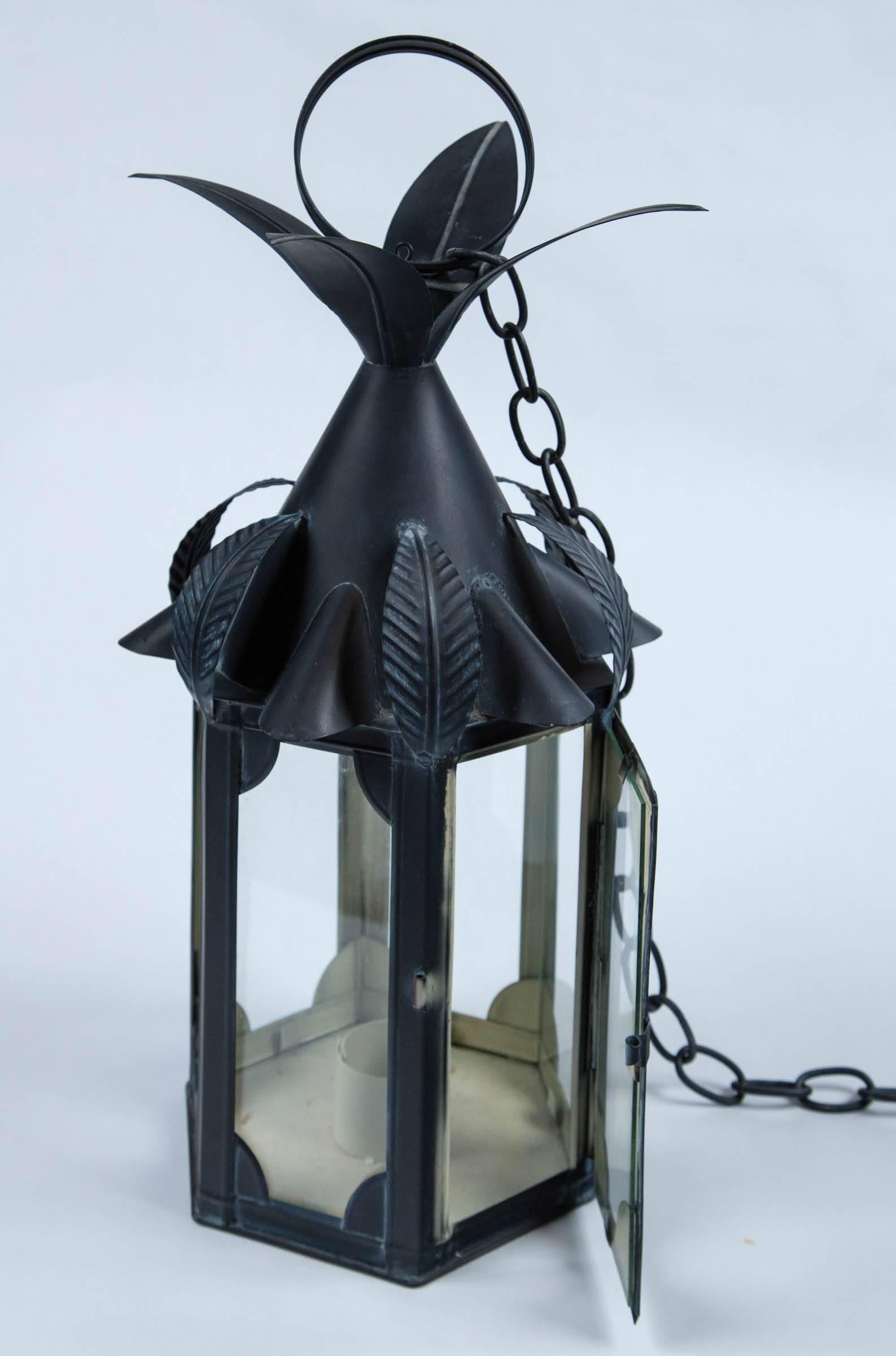 Small Italian Black Metal Lantern with Large Leaves In Good Condition For Sale In Stamford, CT