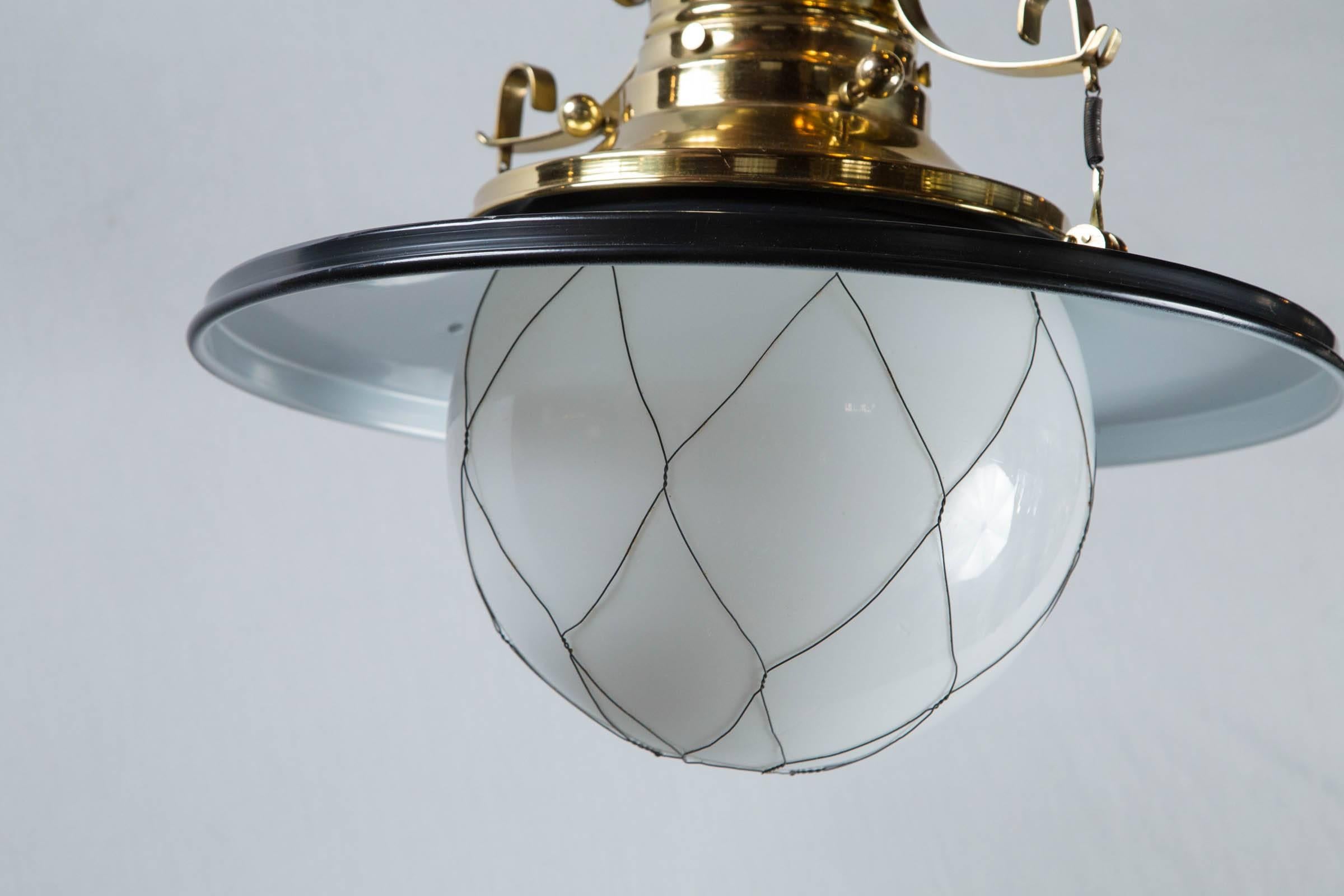 Train style White Globe Black and Brass Lantern In Excellent Condition For Sale In Stamford, CT