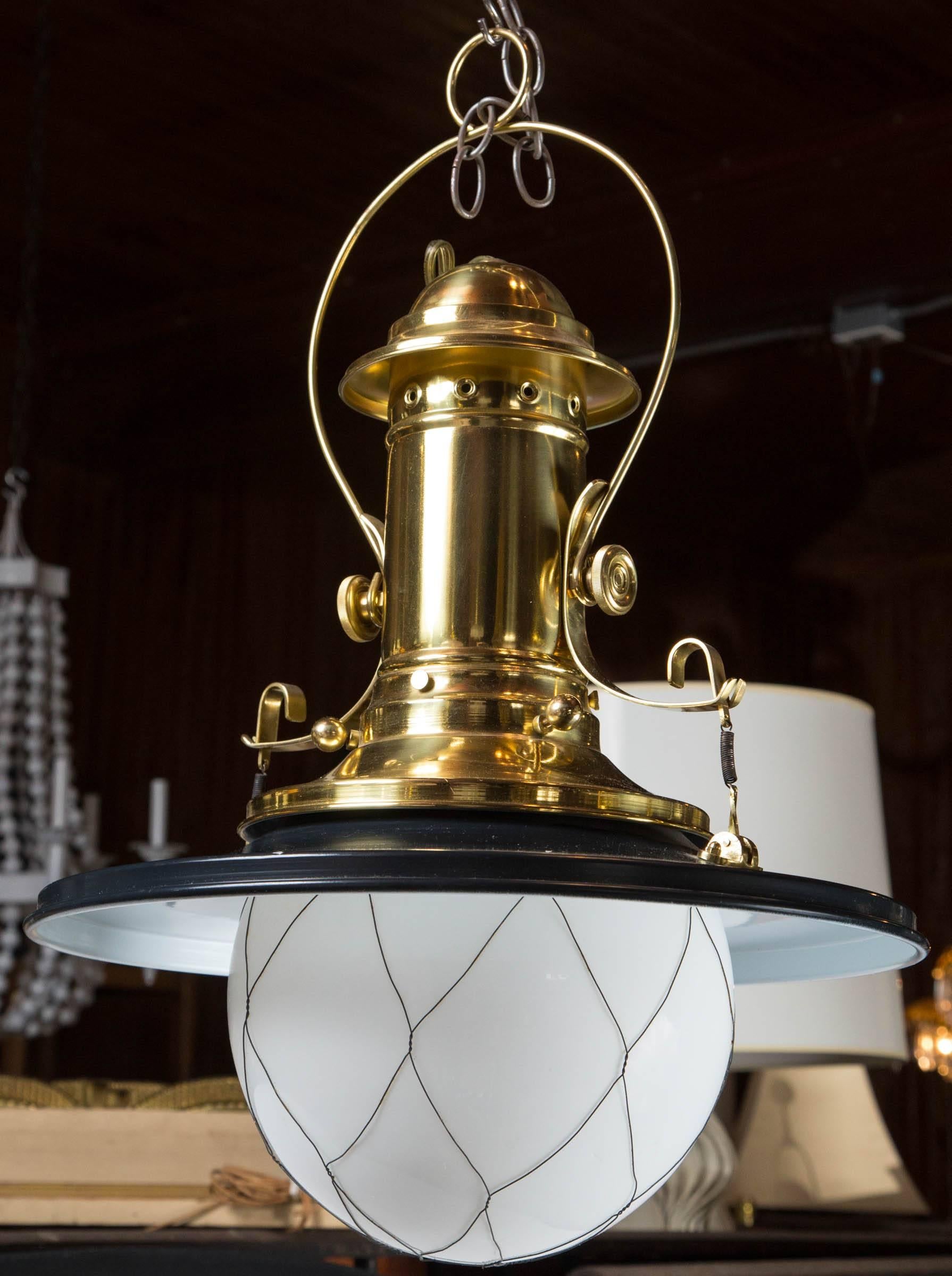 Late 20th Century Train style White Globe Black and Brass Lantern For Sale