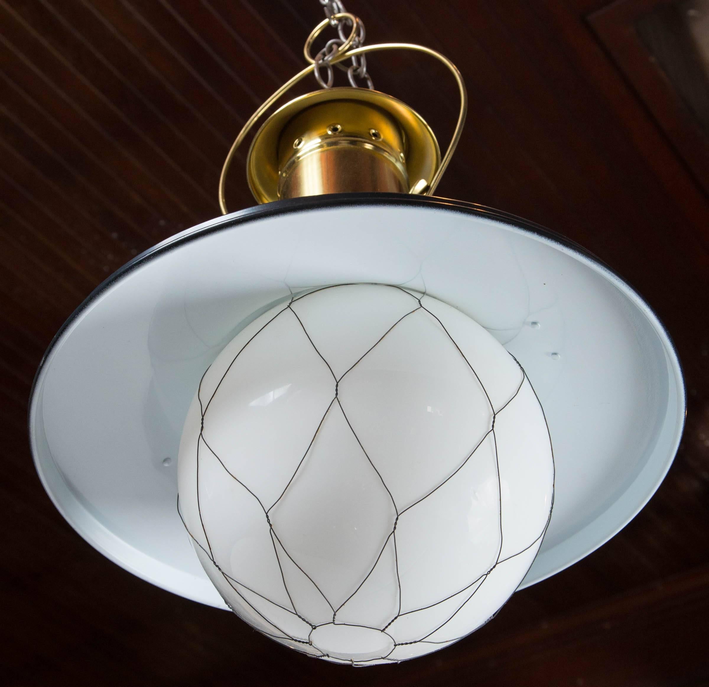 Metal Train style White Globe Black and Brass Lantern For Sale