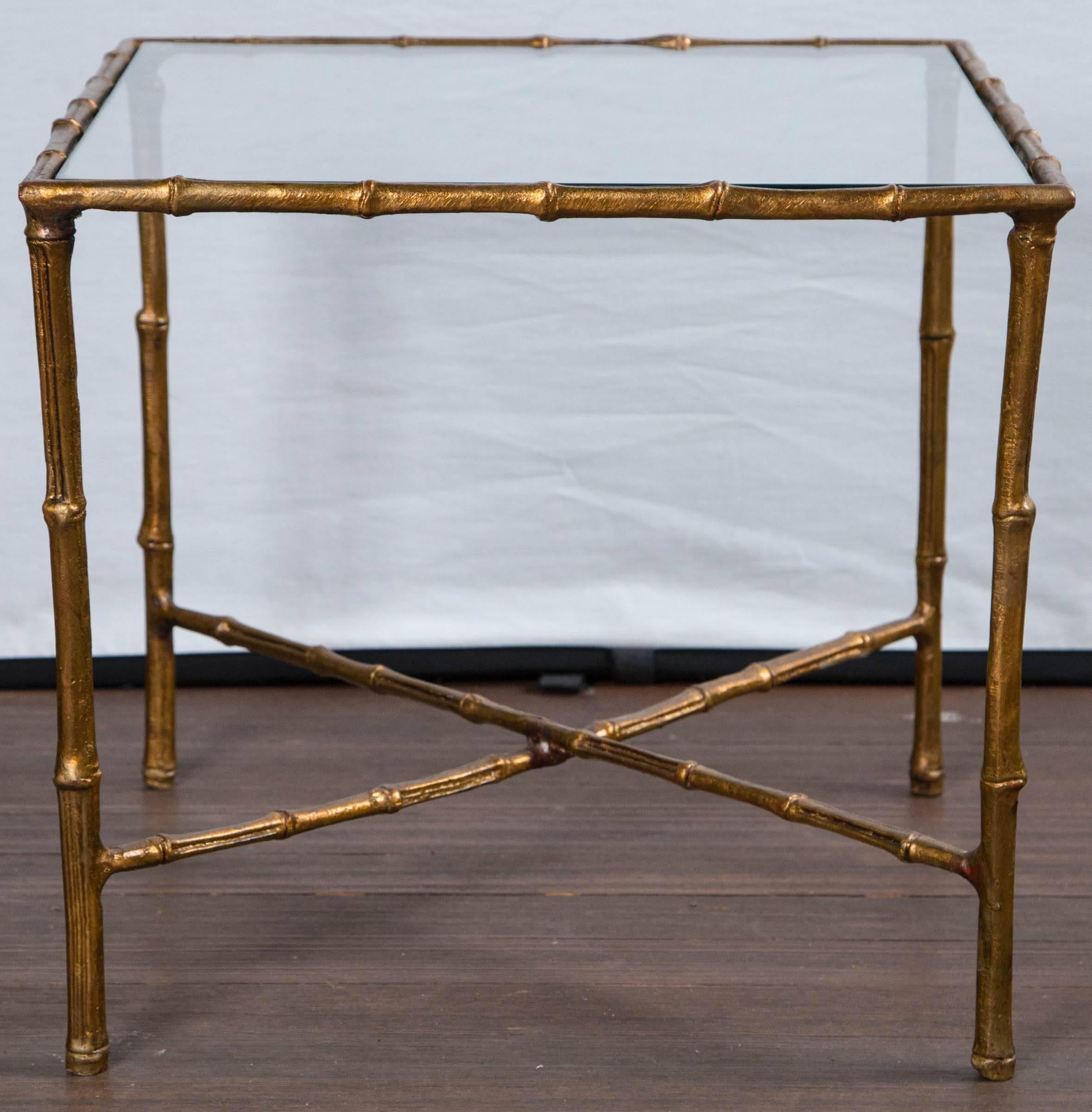 Hollywood Regency Pair of Gilt Metal Faux Bamboo Glass Top Tables