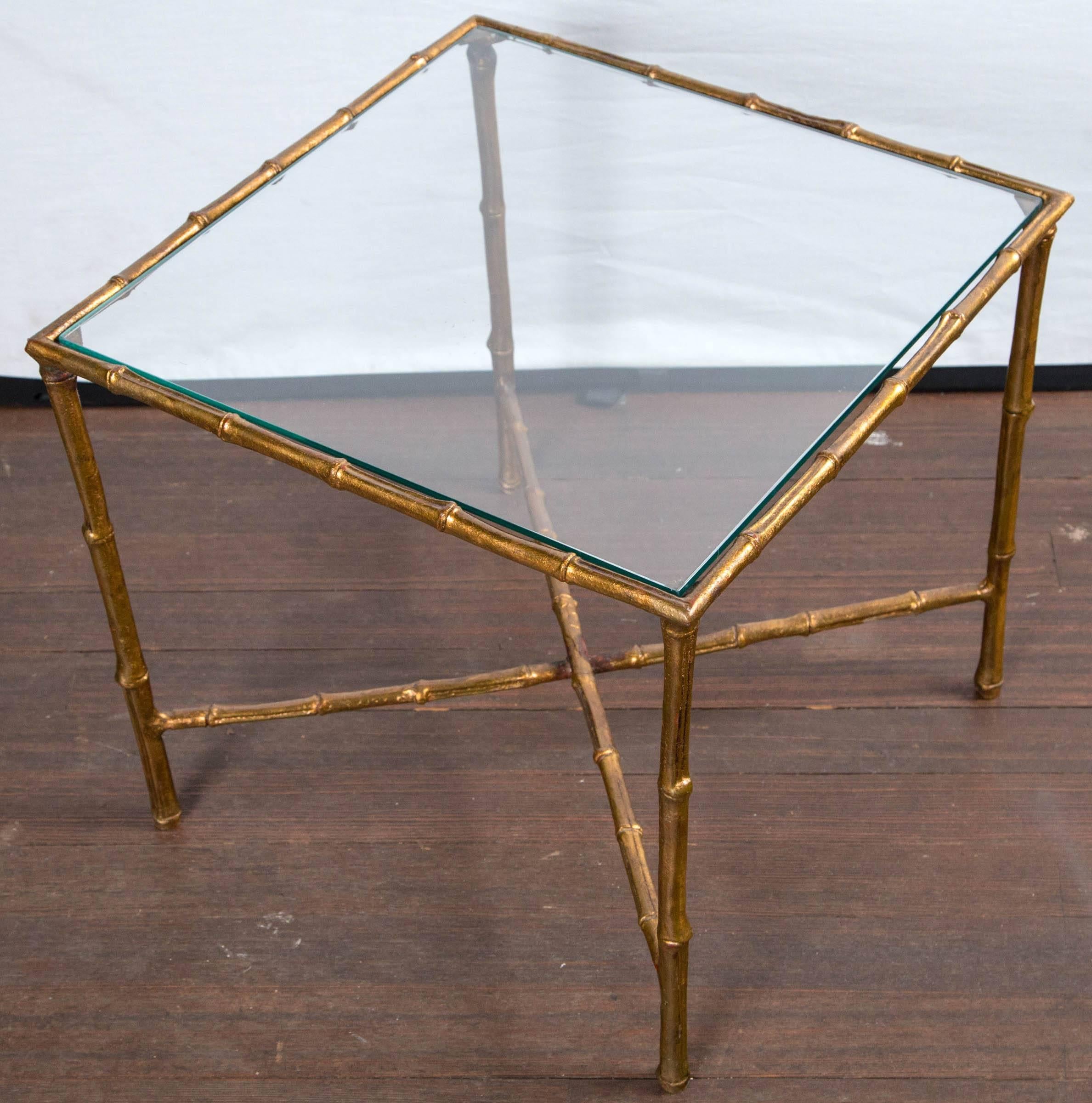 Pair of Gilt Metal Faux Bamboo Glass Top Tables In Excellent Condition In Stamford, CT