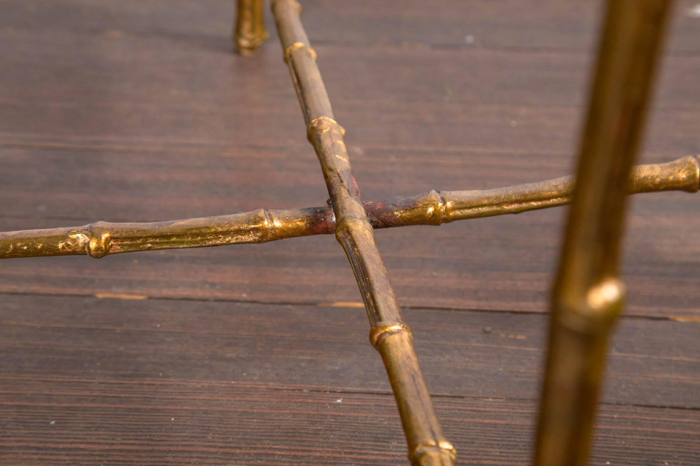 Mid-20th Century Pair of Gilt Metal Faux Bamboo Glass Top Tables