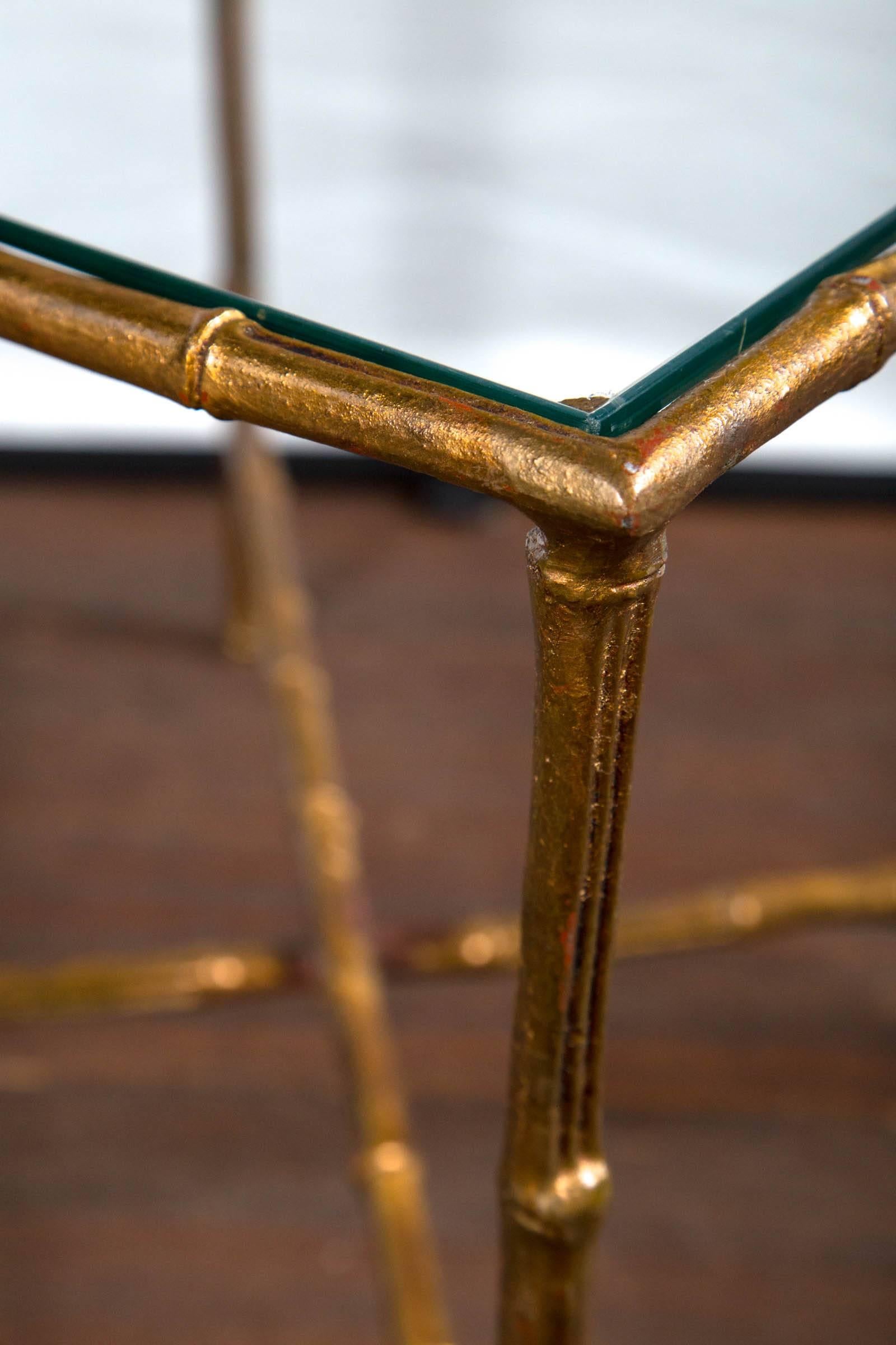 Brass Pair of Gilt Metal Faux Bamboo Glass Top Tables