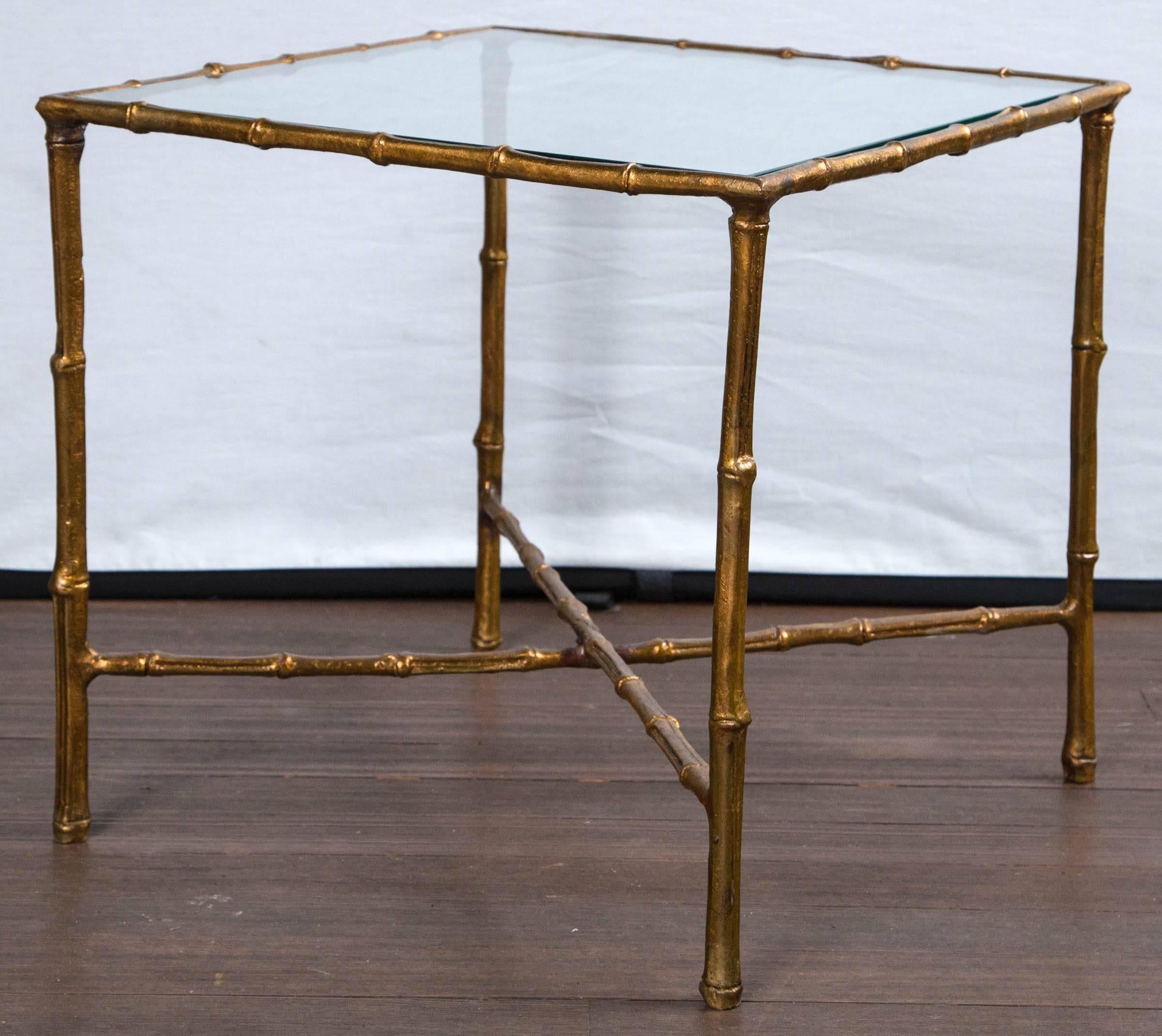 Pair of Gilt Metal Faux Bamboo Glass Top Tables 1