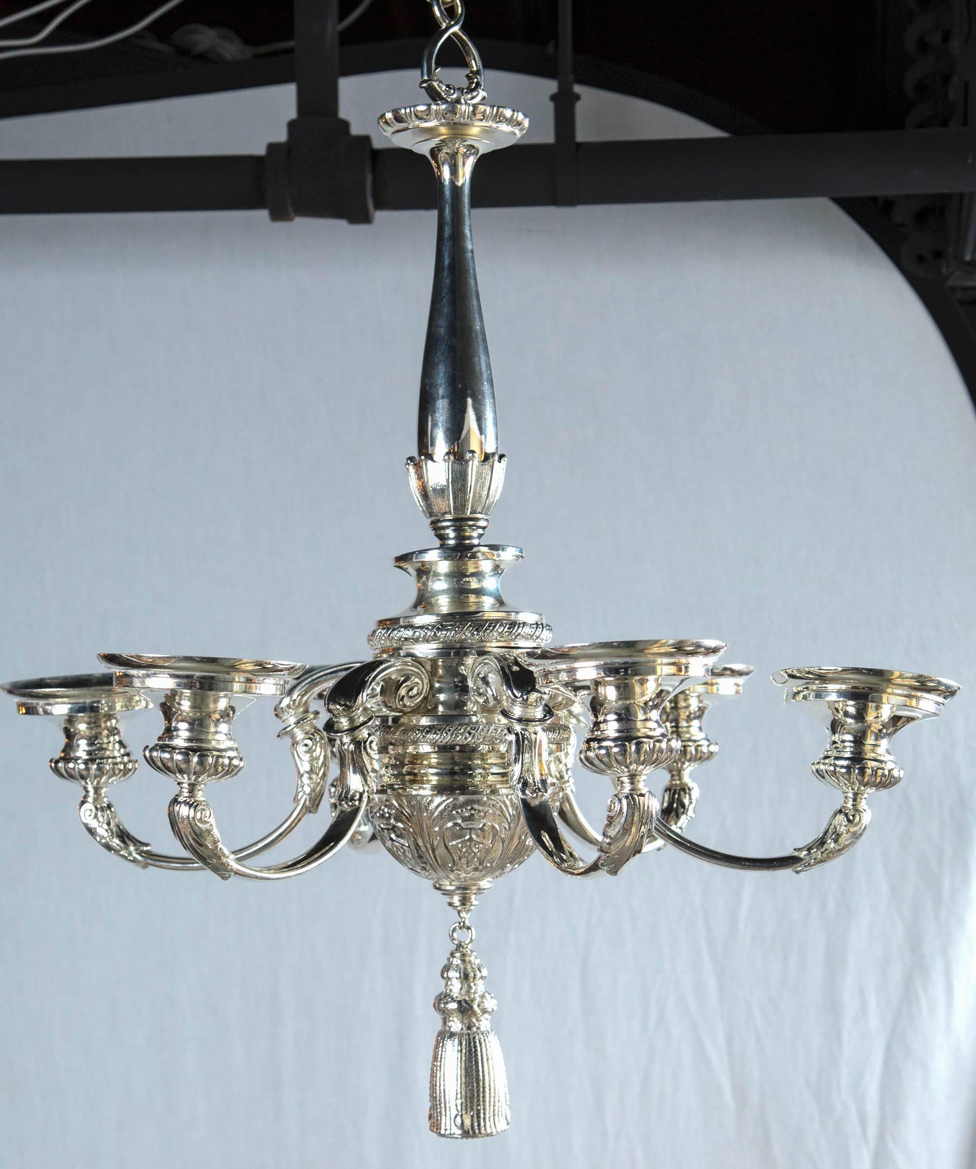A silver plated neoclassic style Caldwell chandelier, circa 1930.