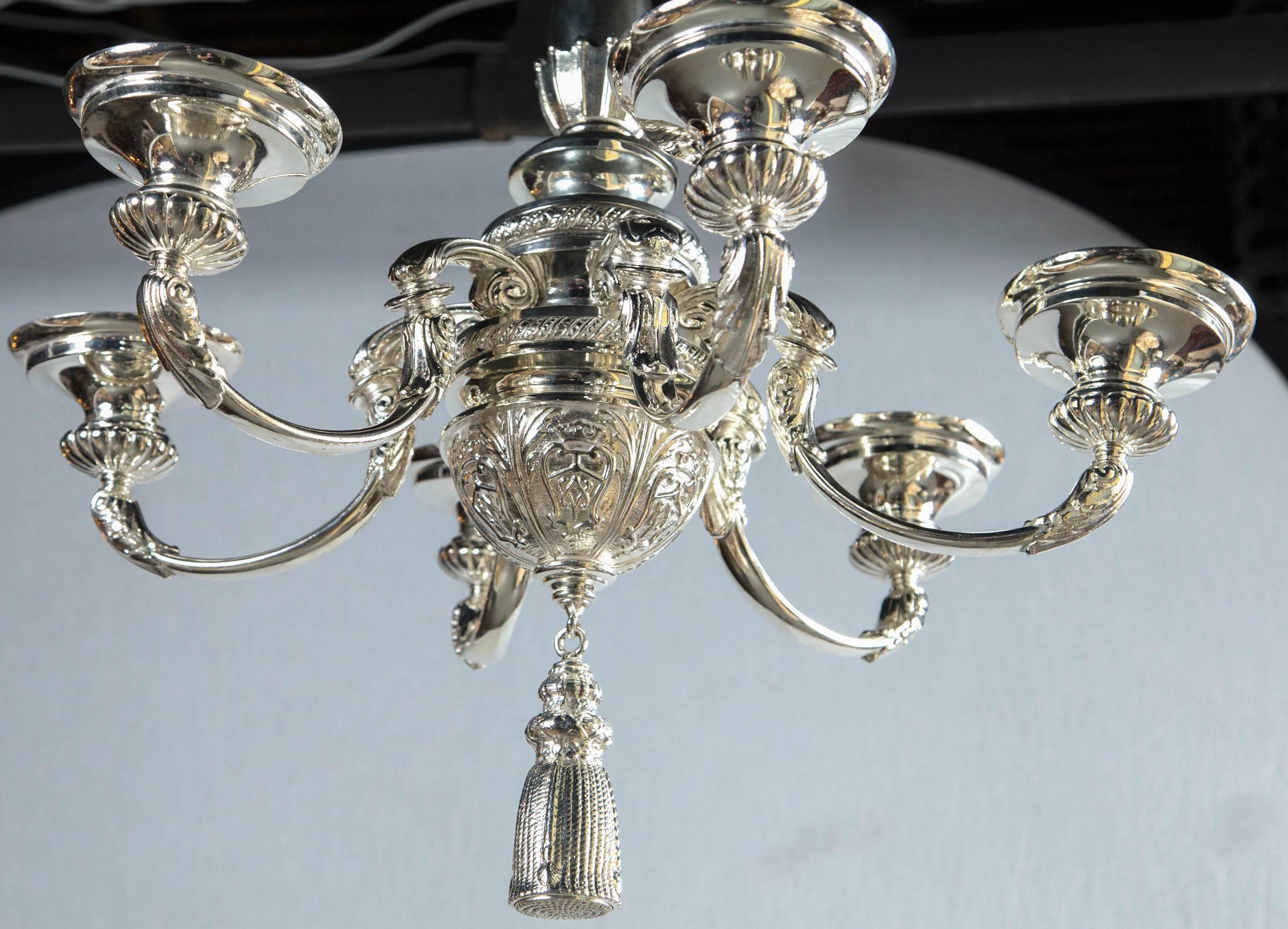 Mid-20th Century Silver Plated Neoclassic Style Caldwell Chandelier, circa 1930 For Sale