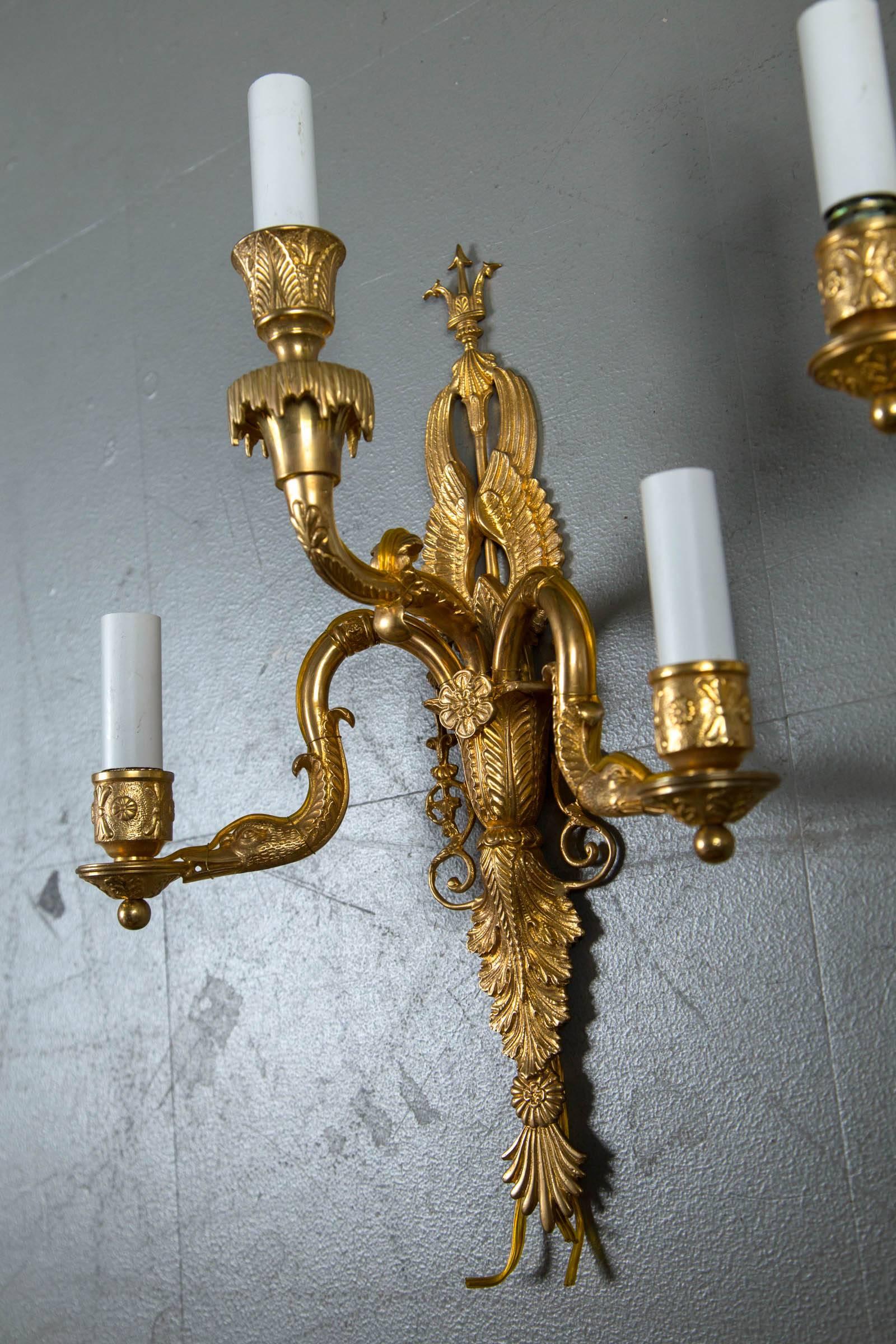 Pair of 1930 French Empire Style Sconces with Three Lights In Excellent Condition For Sale In Stamford, CT