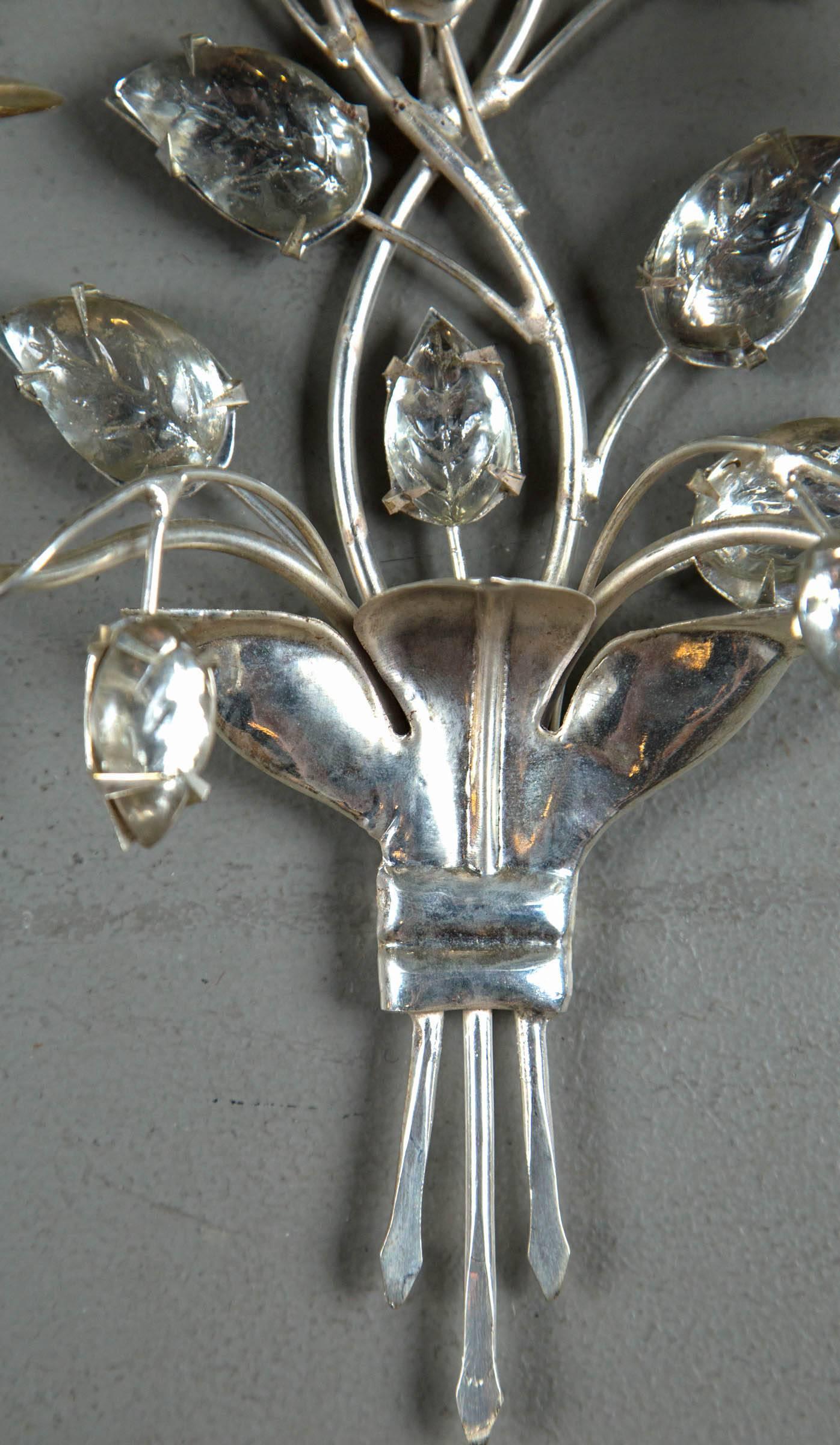 Set of 12 circa 1930 French Silver Plated Sconces with Double Lights For Sale 1