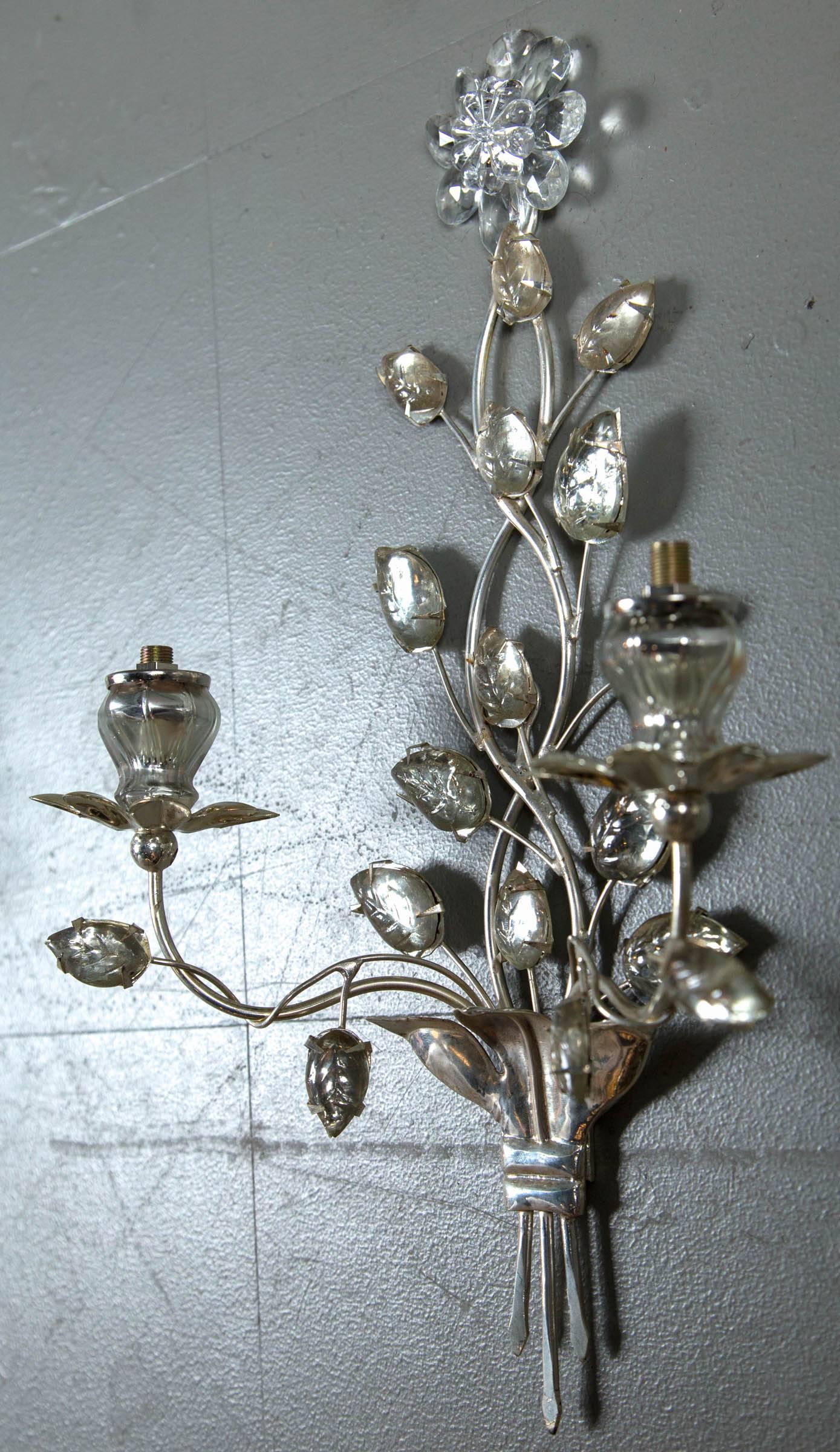 Set of 12 circa 1930 French Silver Plated Sconces with Double Lights For Sale 2