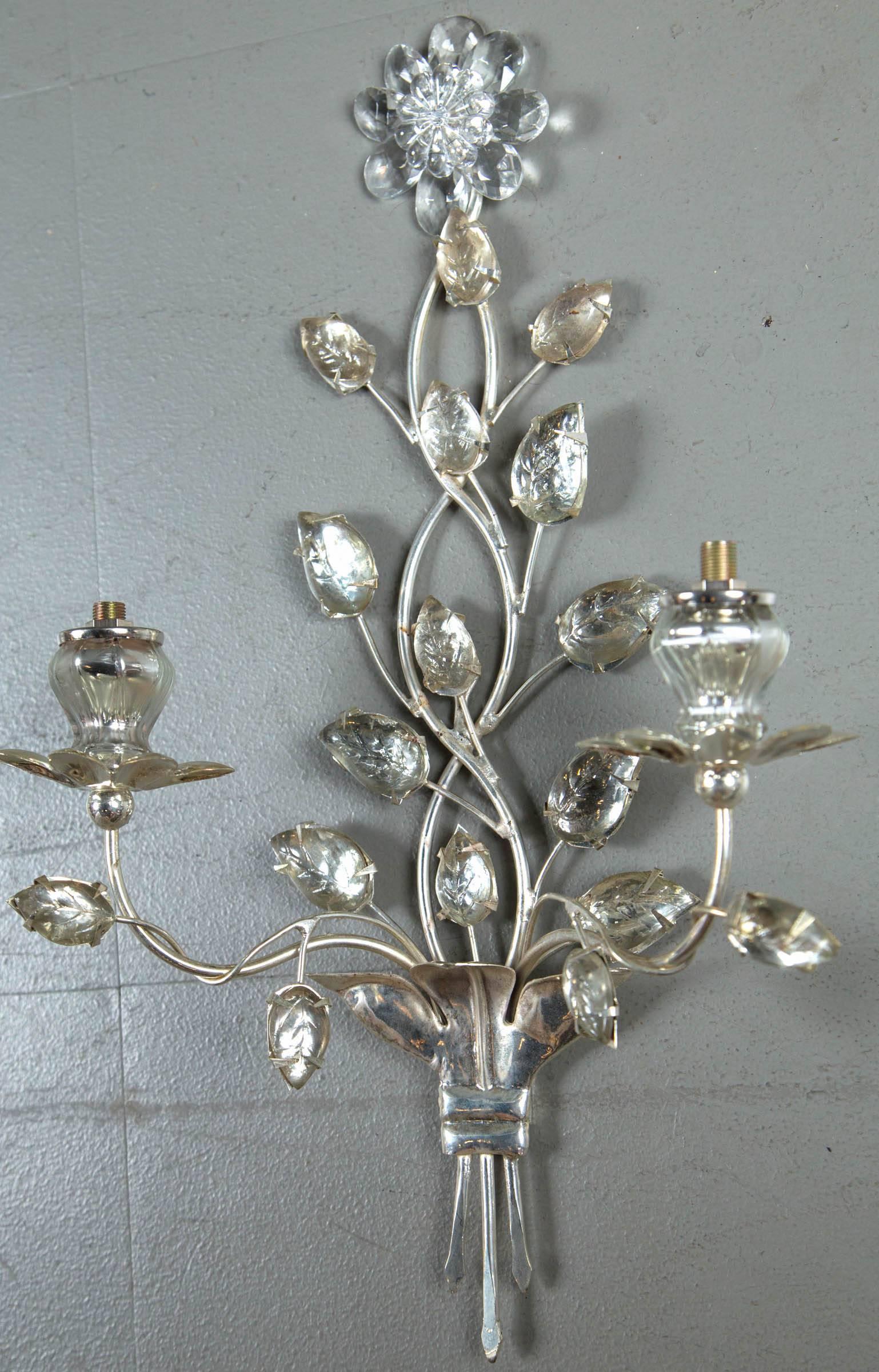 Set of 12 circa 1930 French Silver Plated Sconces with Double Lights For Sale 3