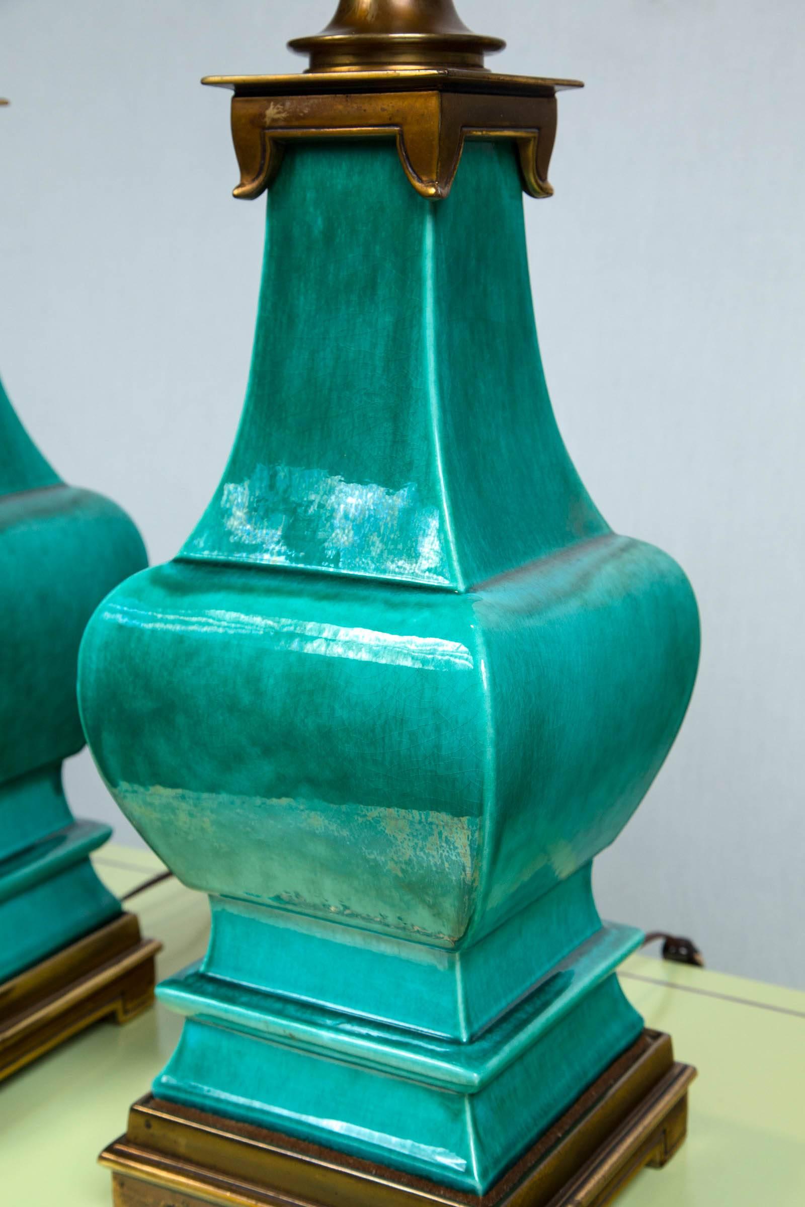 Mid-20th Century Pair of Midcentury Green Glazed Pagoda Style Stiffel Lamps For Sale