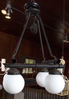 Four White Globe Black Metal Faux Bamboo Chinoiserie Chandelier