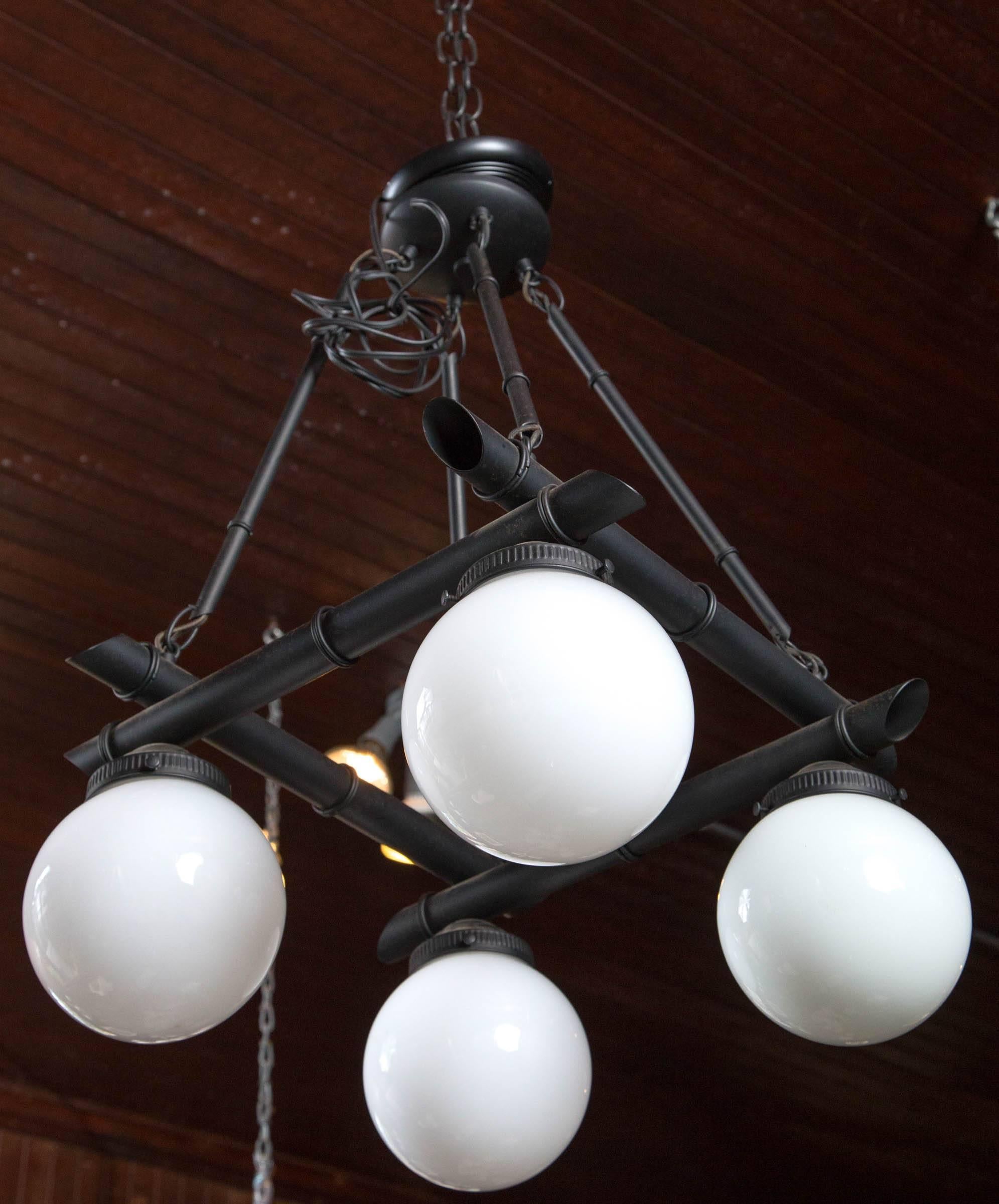 20th Century Four White Globe Black Metal Faux Bamboo Chinoiserie Chandelier For Sale