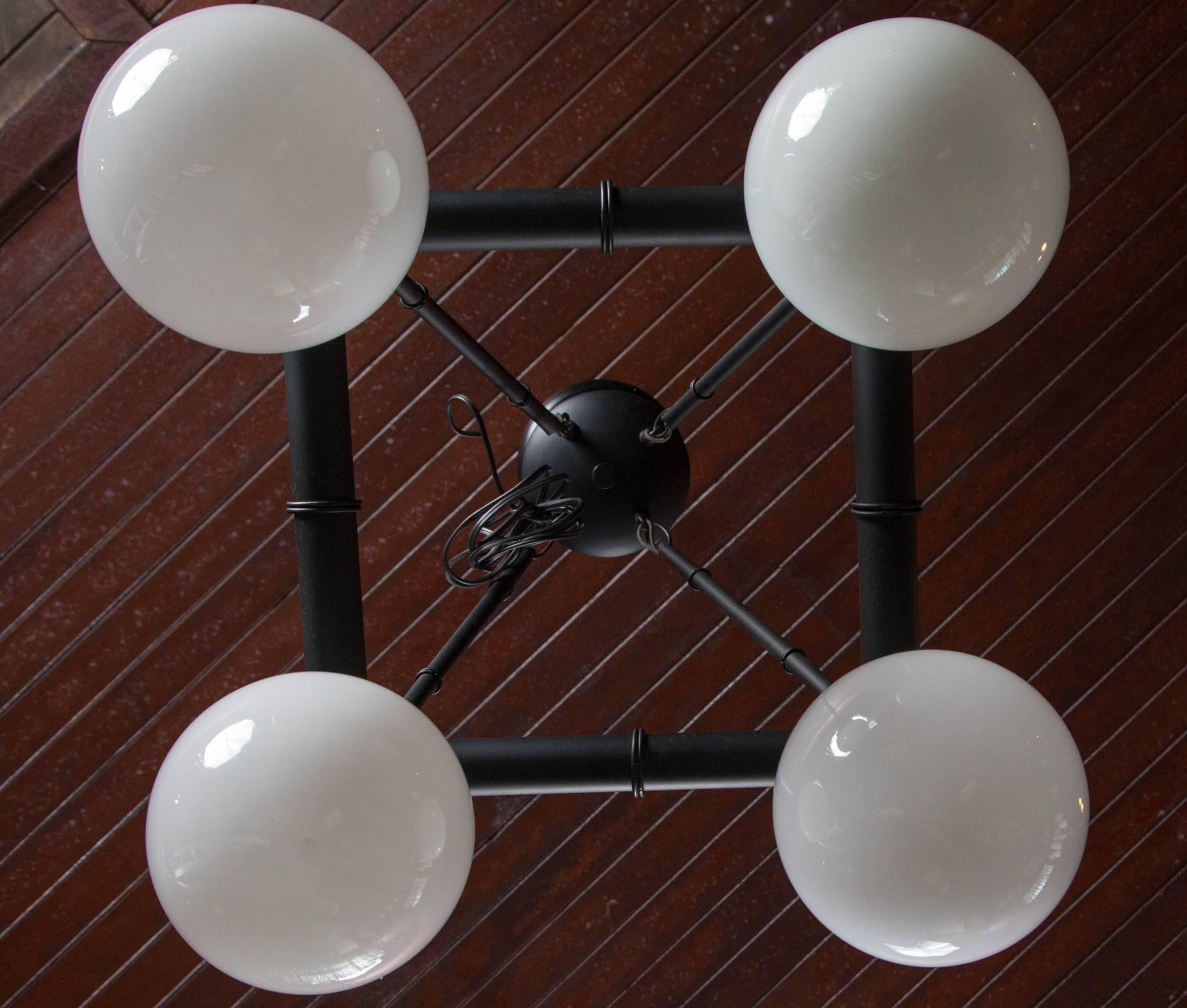Four White Globe Black Metal Faux Bamboo Chinoiserie Chandelier For Sale 1