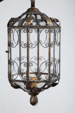 Antique Italian Brass Lantern, Octagonal Design, Electrified, 1940s