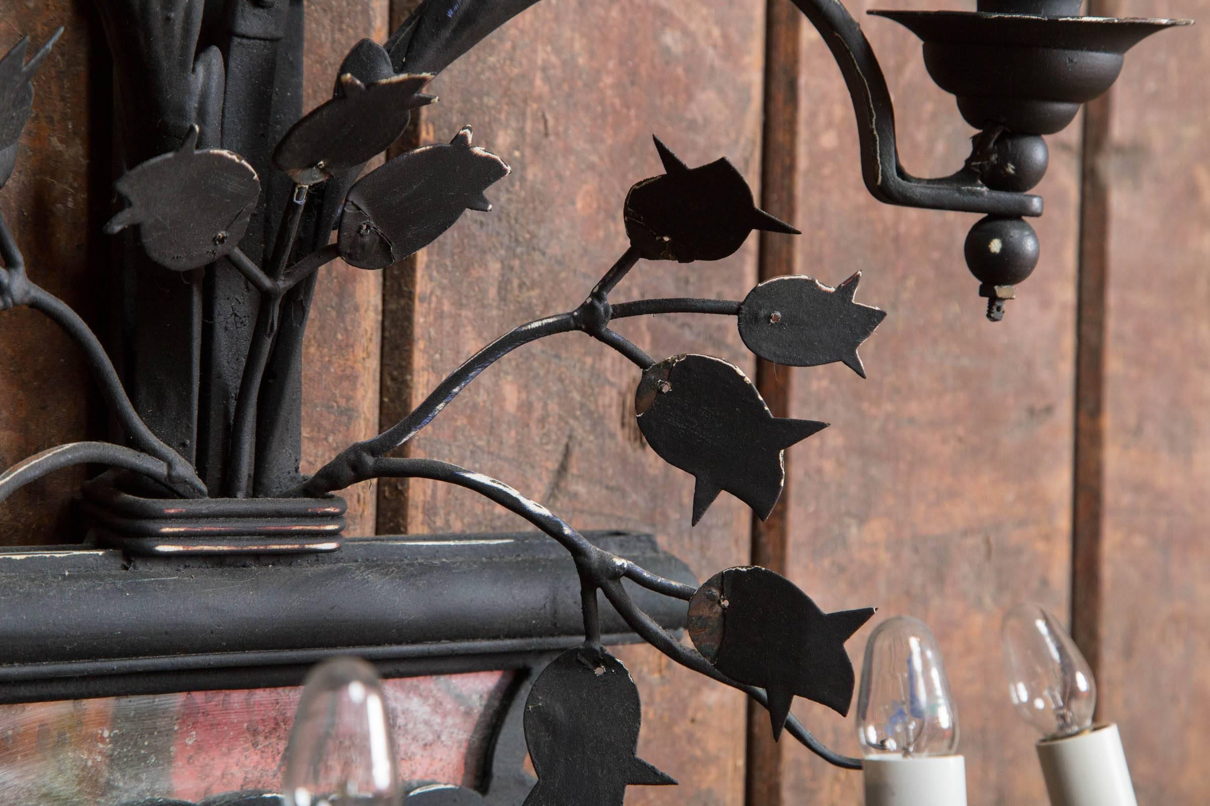 Mid-20th Century Decorative 7-Light Large Black Wrought Iron Sconce For Sale