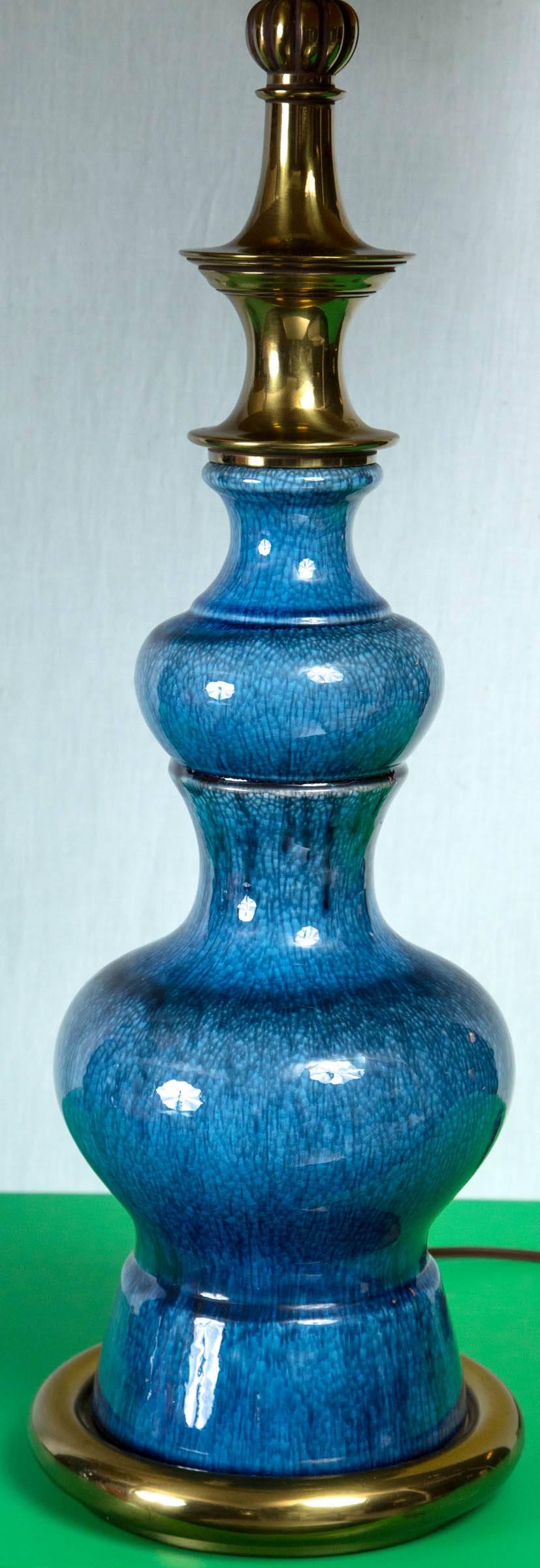 American Pair of Midcentury Modern Blue Ceramic Stiffel Lamps with Original Shades