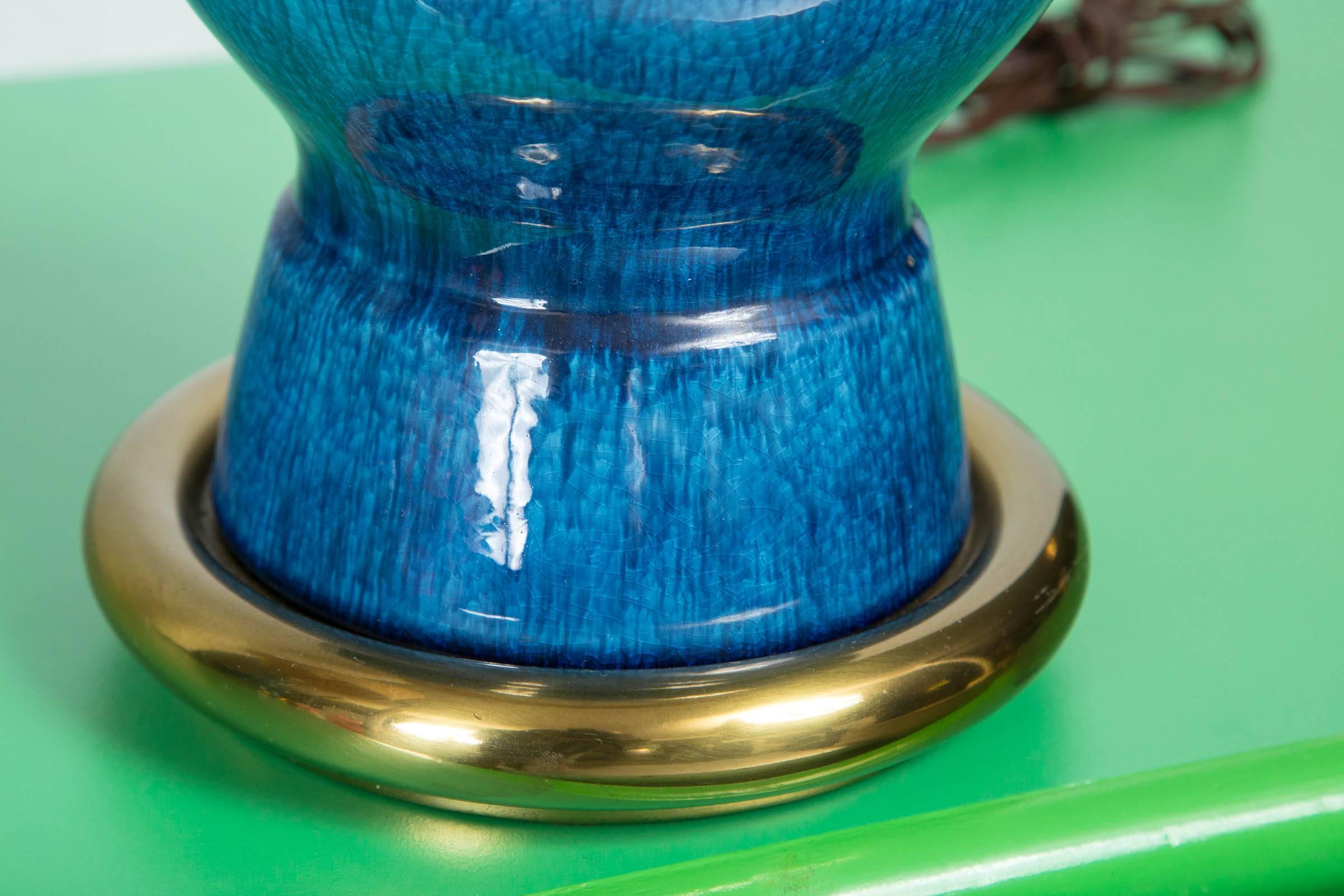 Mid-20th Century Pair of Midcentury Modern Blue Ceramic Stiffel Lamps with Original Shades
