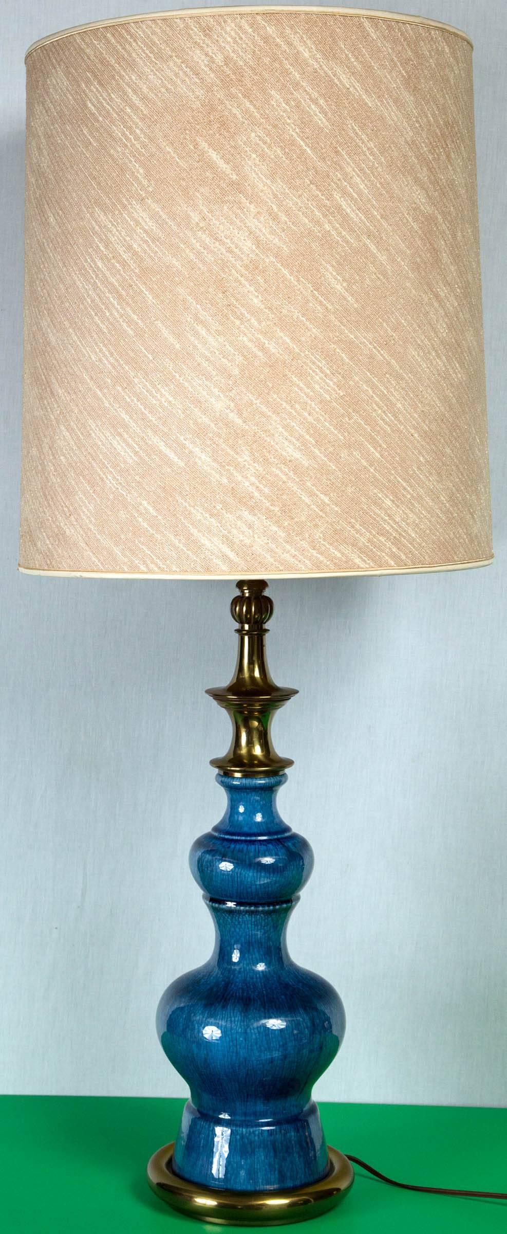 Pair of Midcentury Modern Blue Ceramic Stiffel Lamps with Original Shades 1