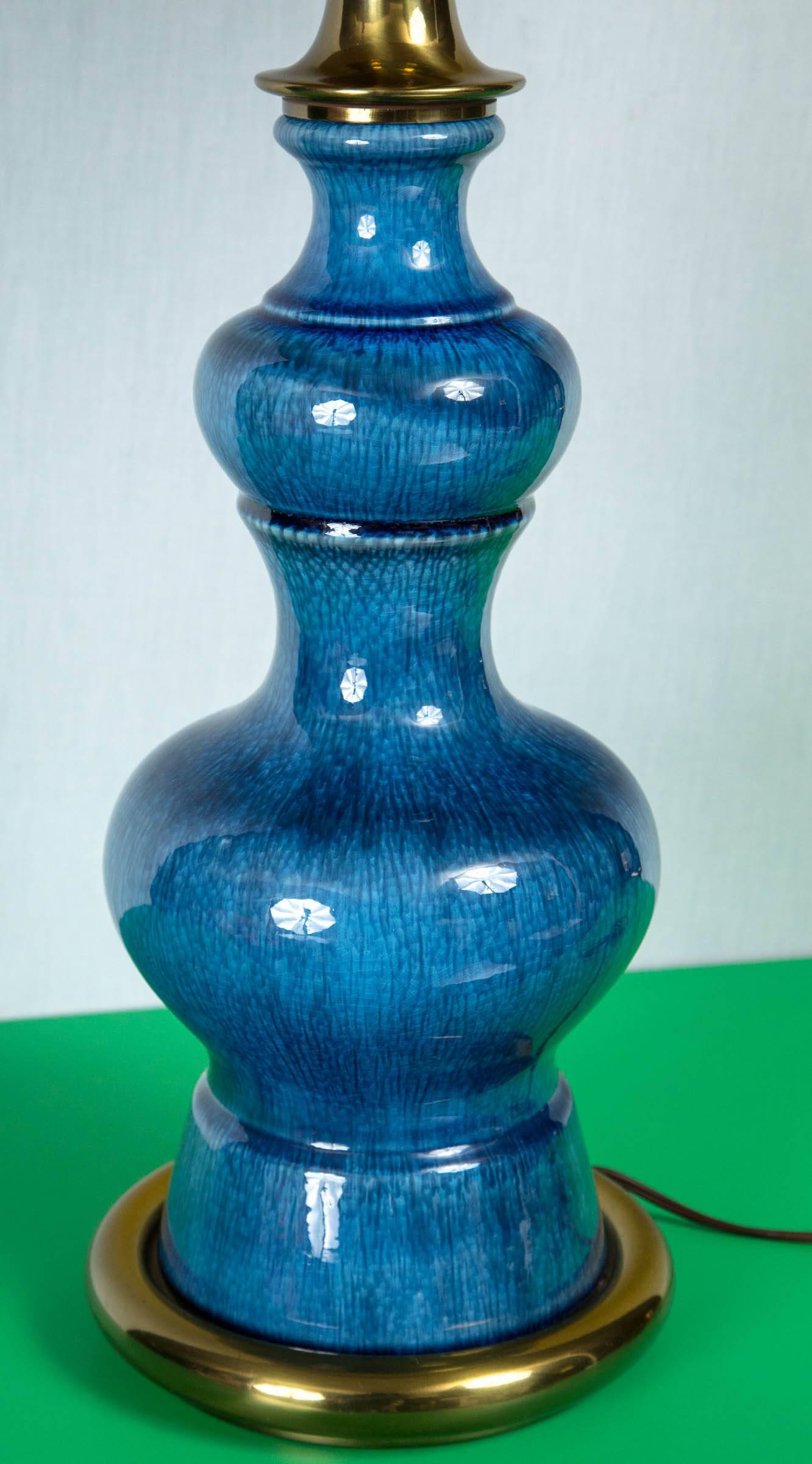 Pair of Midcentury Modern Blue Ceramic Stiffel Lamps with Original Shades 3