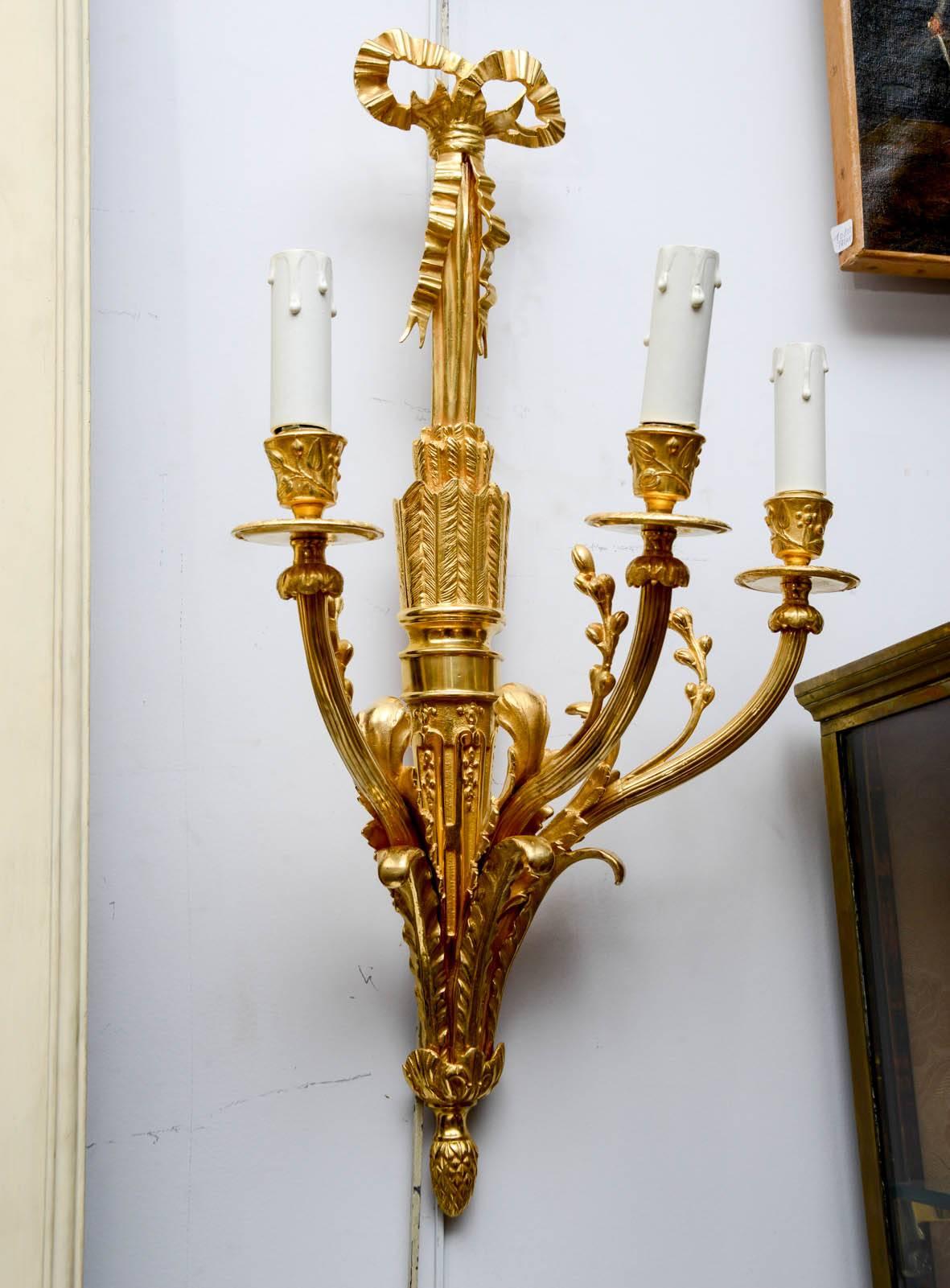 Pair of Glided Bronze Louis XVI Style Sconces For Sale 2