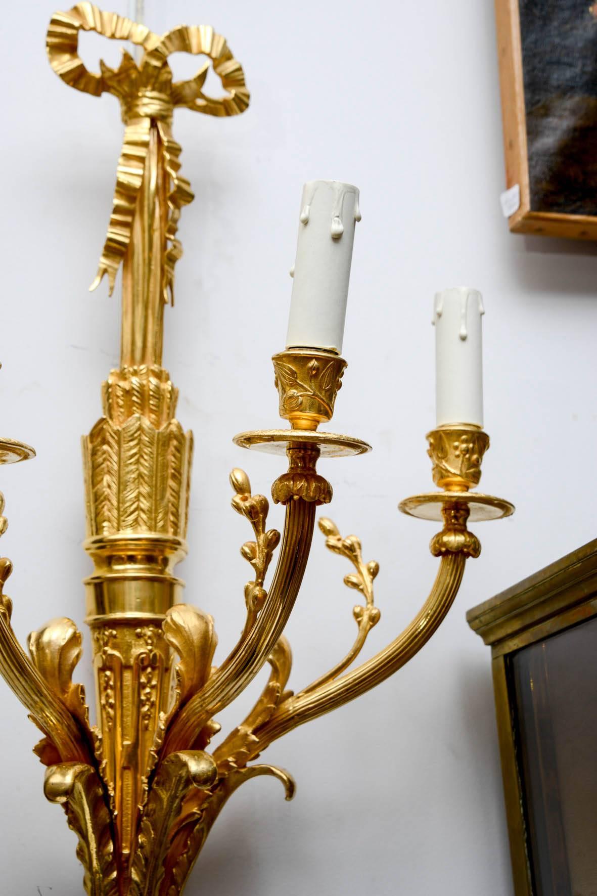 Pair of Glided Bronze Louis XVI Style Sconces For Sale 3