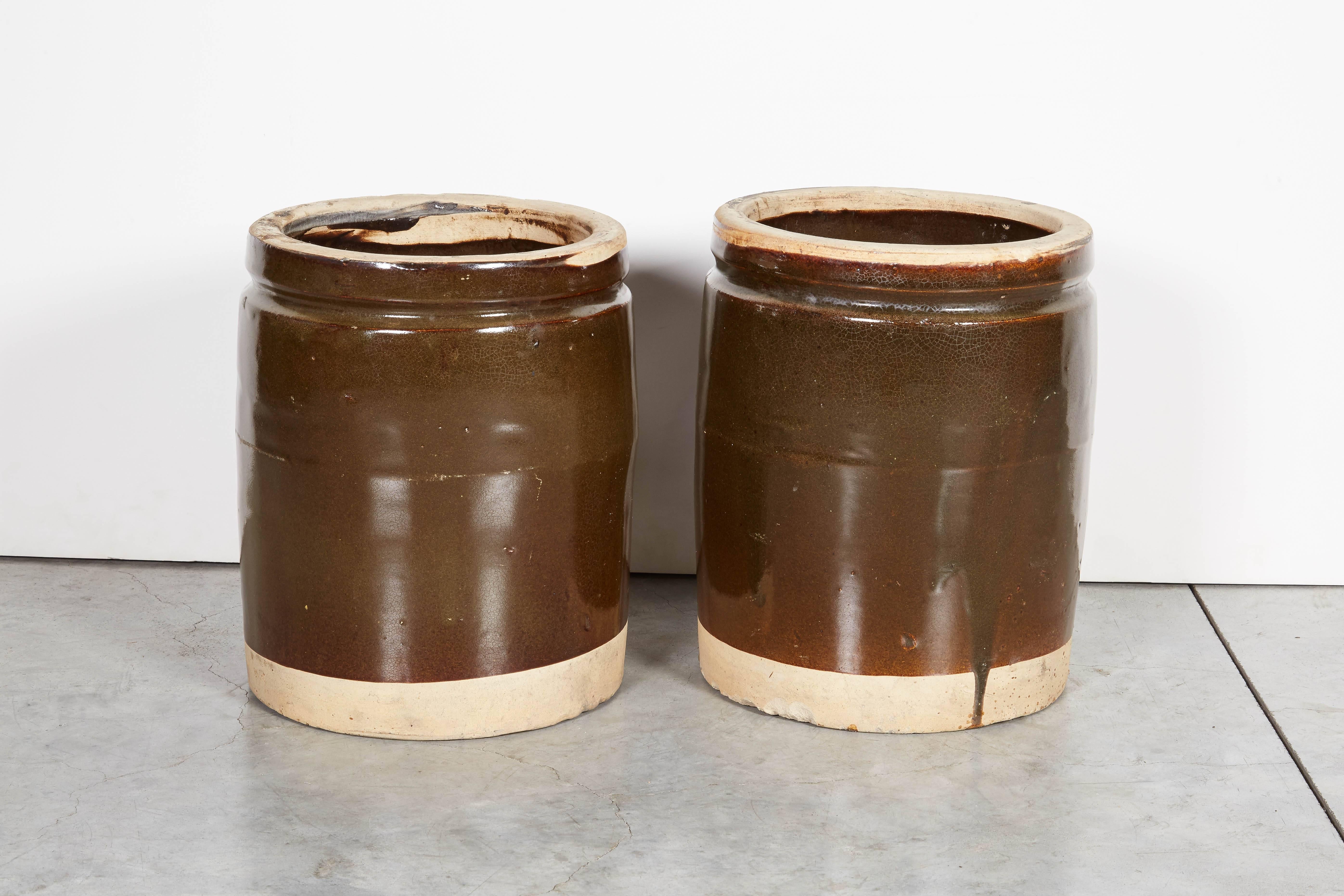 Chinese Large Wide Mouth Heavy Ceramic Food Jars, circa 1940 For Sale