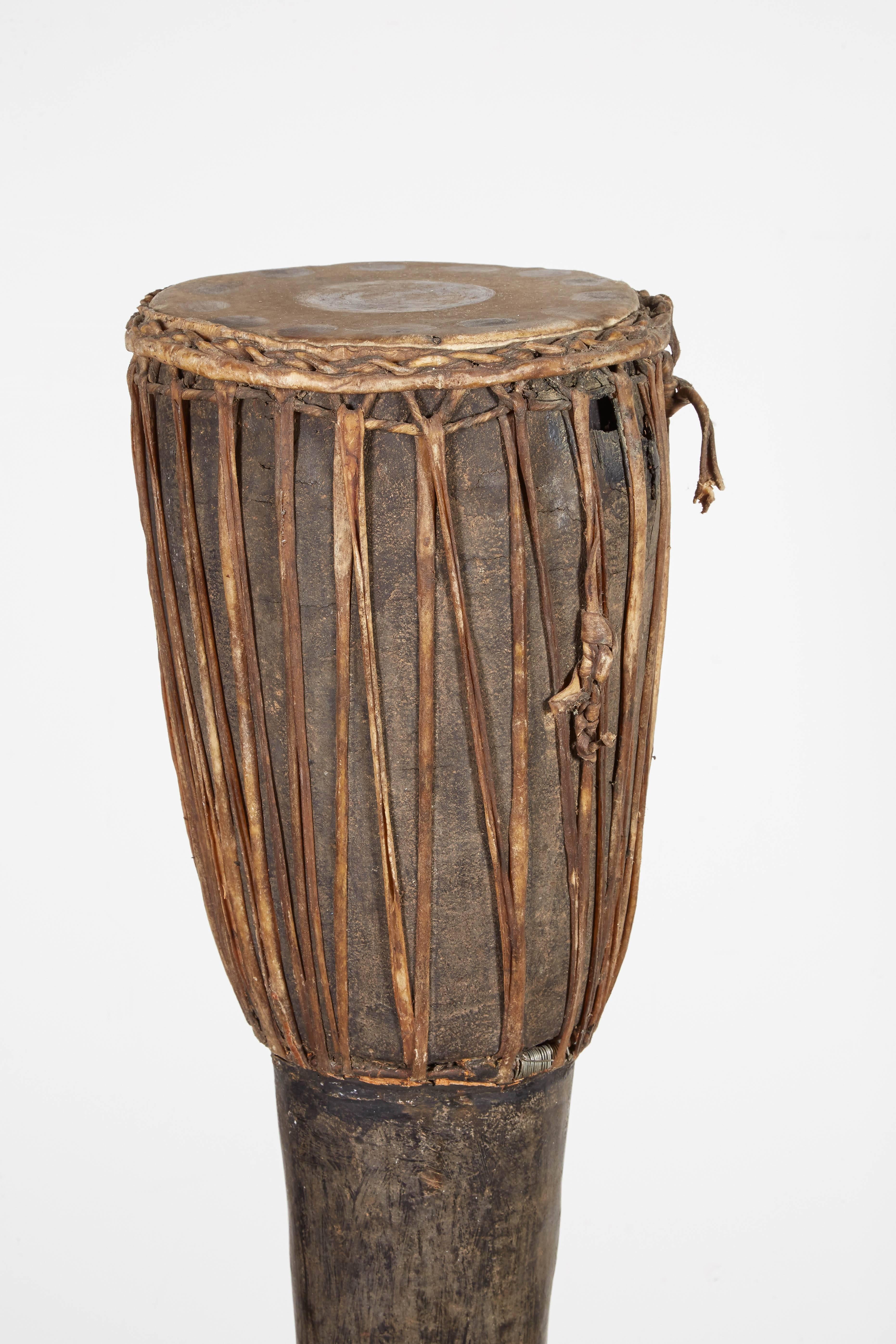 Leather Tall Antique Hill Tribe Drum from Thailand For Sale
