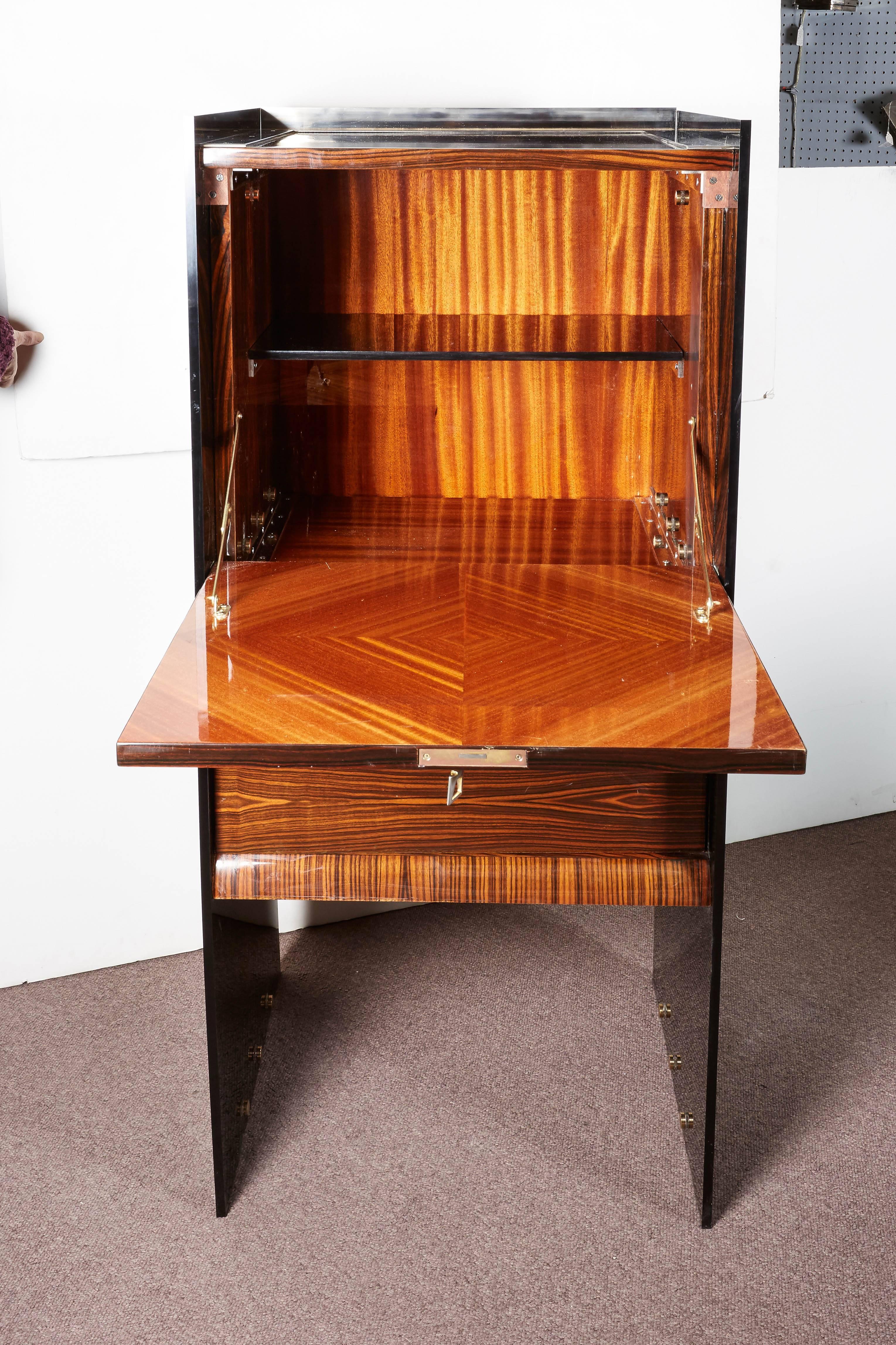 Mid-Century Modern French Modernist Macassar Ebony, Plexi, Mother-of-Pearl Secretaire or Cabinet